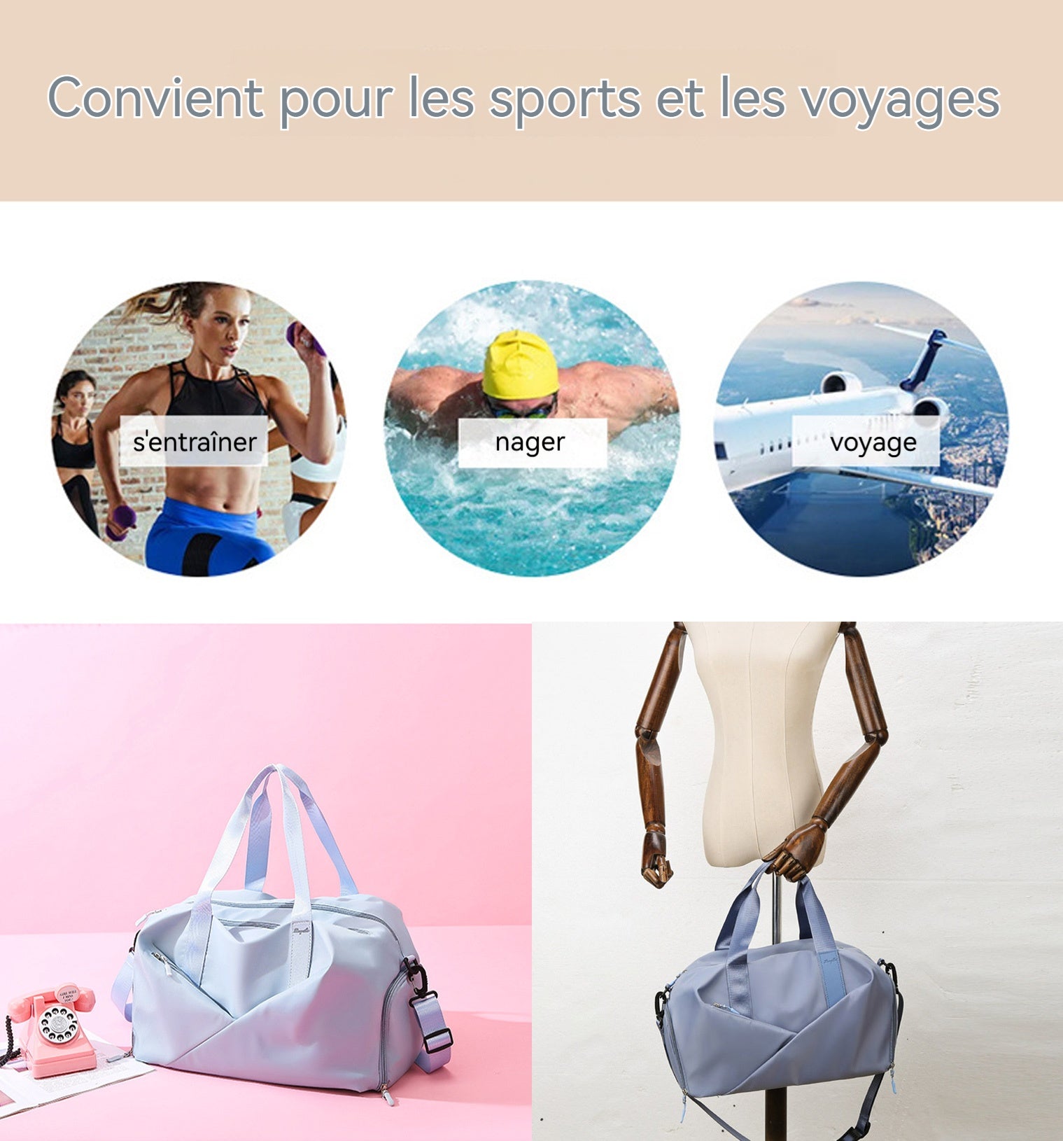 Sac de sport 46x27x27cm tissu oxford bleu main sac de voyage avec compartiment à chaussures et poche de séparation humide et sèche