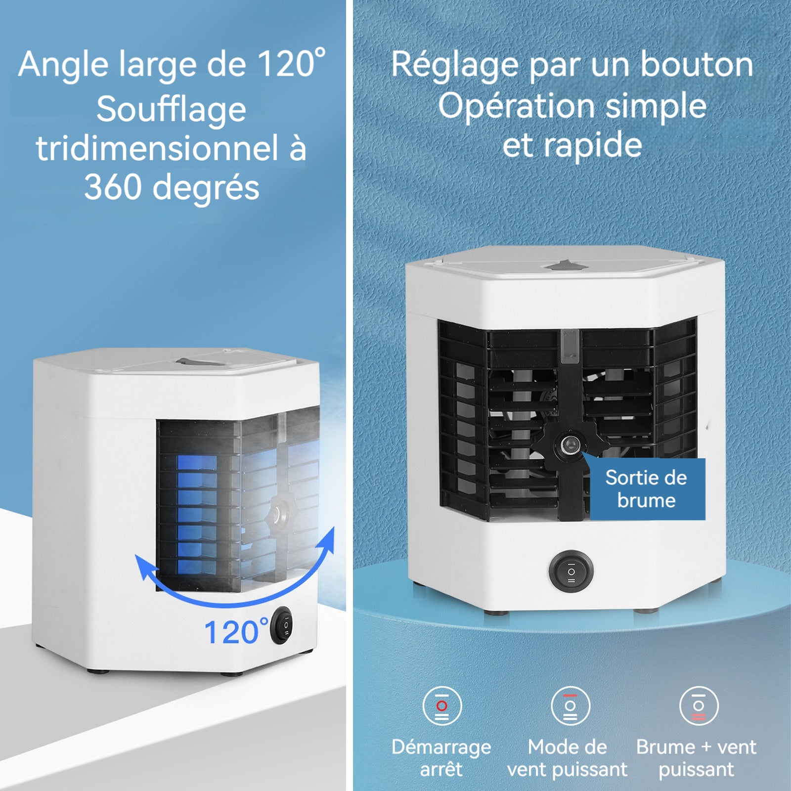 Ventilateur 17 cm Deux modes Humidification par brumisation Double bac à glaçons pour le refroidissement Ventilateur brumisateur