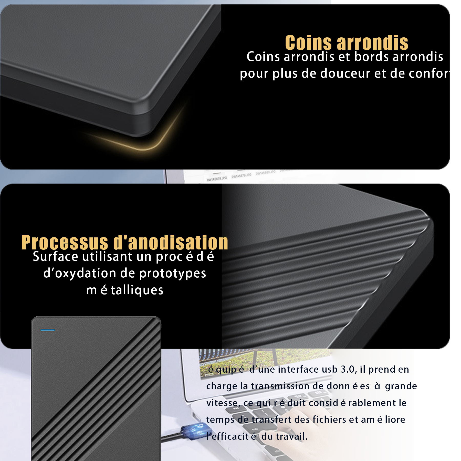 Disque dur externe 750GB USB 3.0 disque dur externe mobile storage 5400 tr/min Système de support Windows/OS/Linux aluminium noir