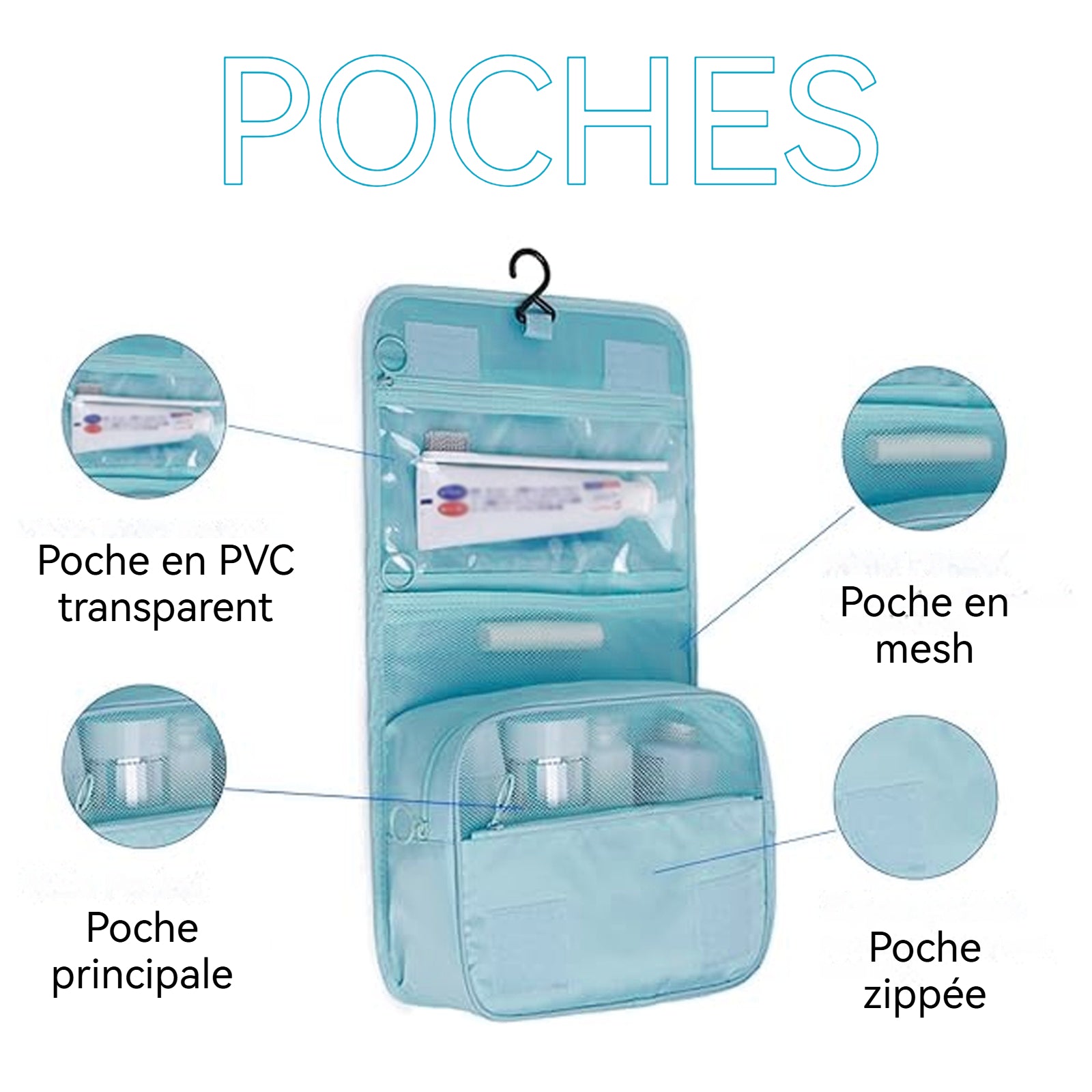 Trousse de toilette 24x9,5x18,5cm grande capacité pour séparer les articles secs et humides crochet de suspension pliable bleu