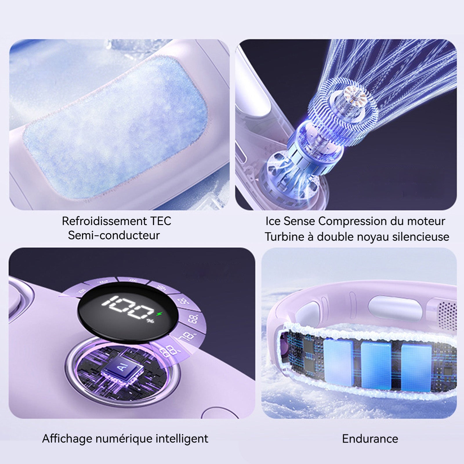 Ventilateur de cou violet 7.6W 20,2x19x11,3cm 5 vitesses réglables avec affichage numérique réglable éventail de cou portable