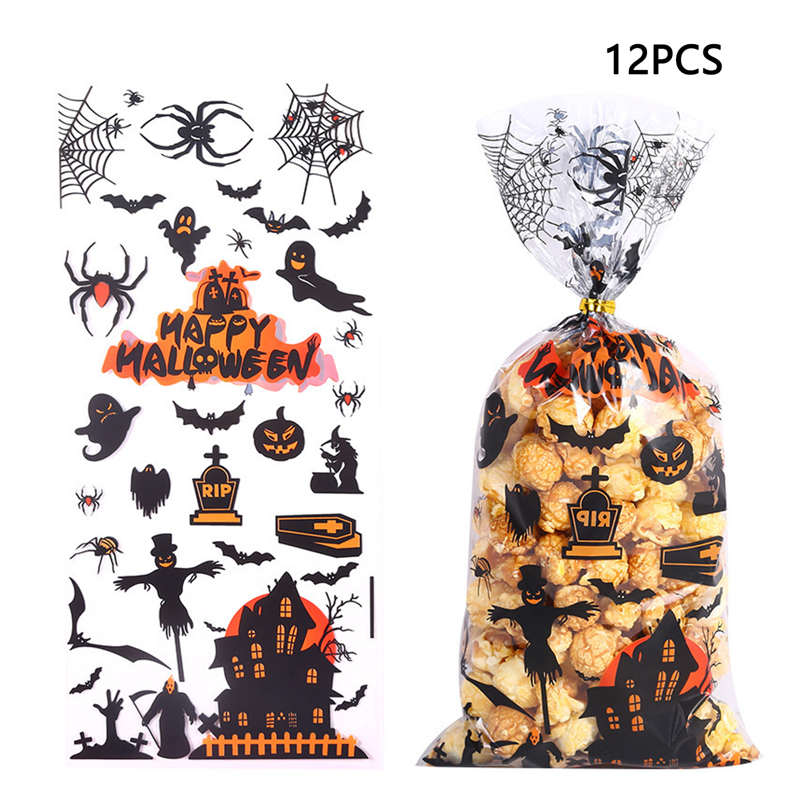 Halloween 12 pièces sac de collation transparent en toile d'araignée décorations de fête de vacances sac d'emballage en plastique