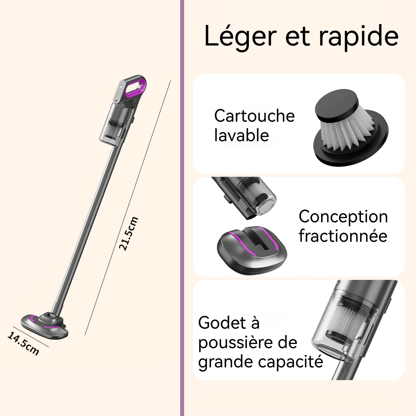 Aspirateur vertical sans fil 120w 2000 mah 10 kpa 260 ml 3ème vitesse longue durée de vie de la batterie léger et facile à tenir