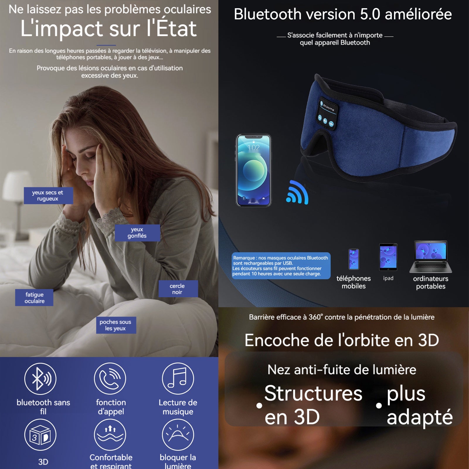 Casque de sommeil 10 heures endurance musique masque pour les yeux sommeil casque 3D Bluetooth sans ombrage sommeil voyage aérien