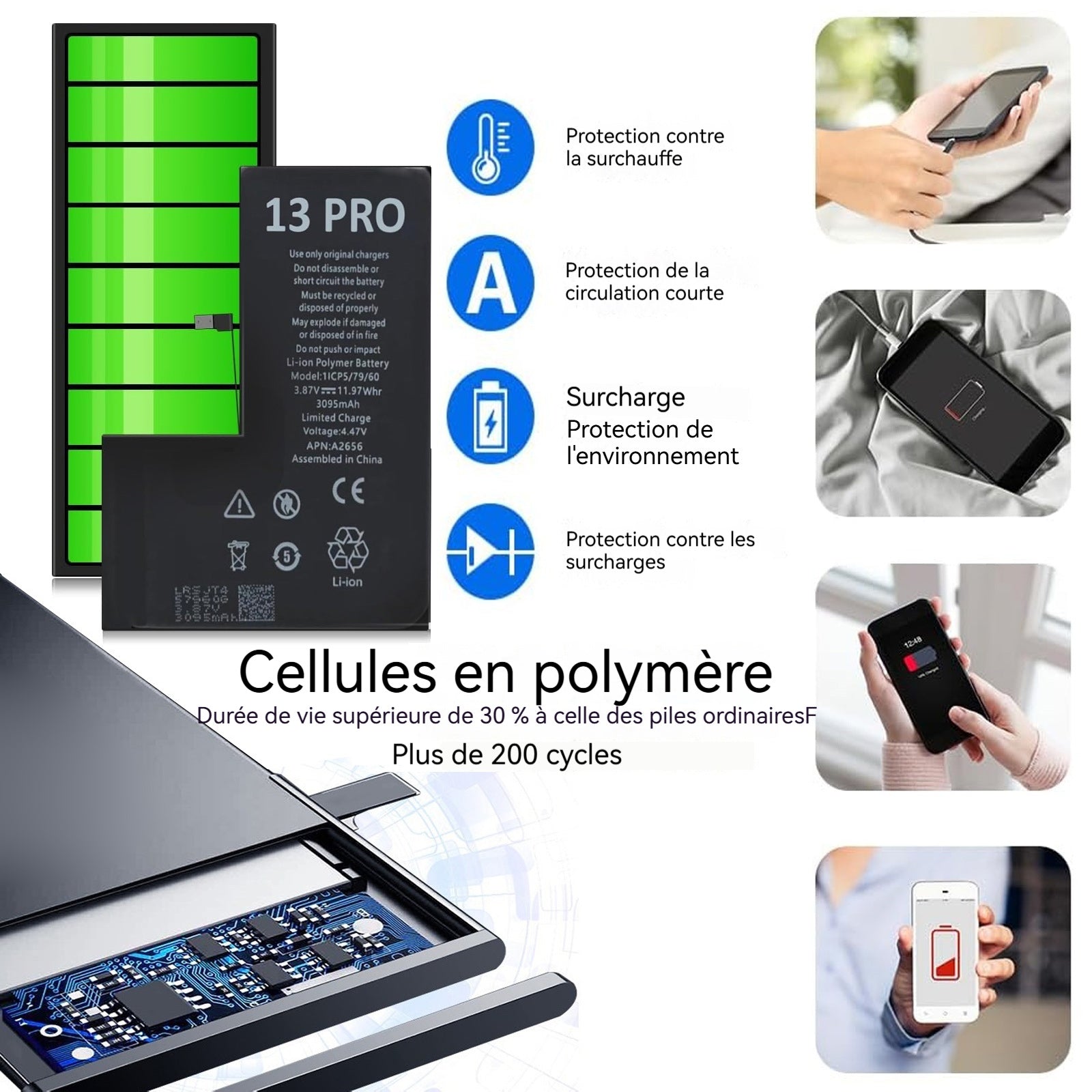 Batterie pour iPhone 13 Pro 3095 mAh Batterie de Remplacement Polymère Li-ION avec Kit d'Outils de Remplacement et Instructions