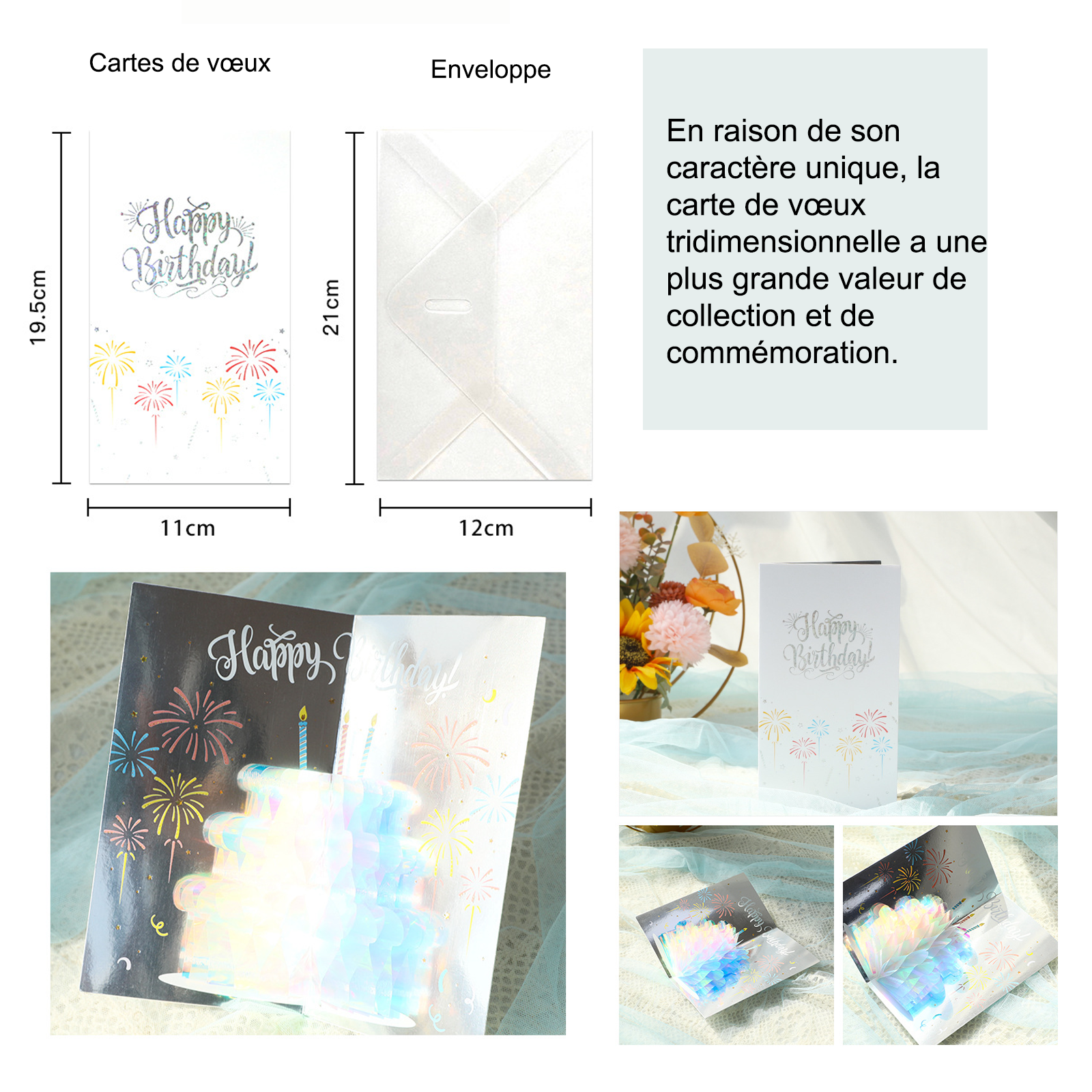 arte de voeux 19,5x11cm carte de vœux tridimensionnelle gâteau pailleté anniversaire bénédiction écrite à la main carte postale