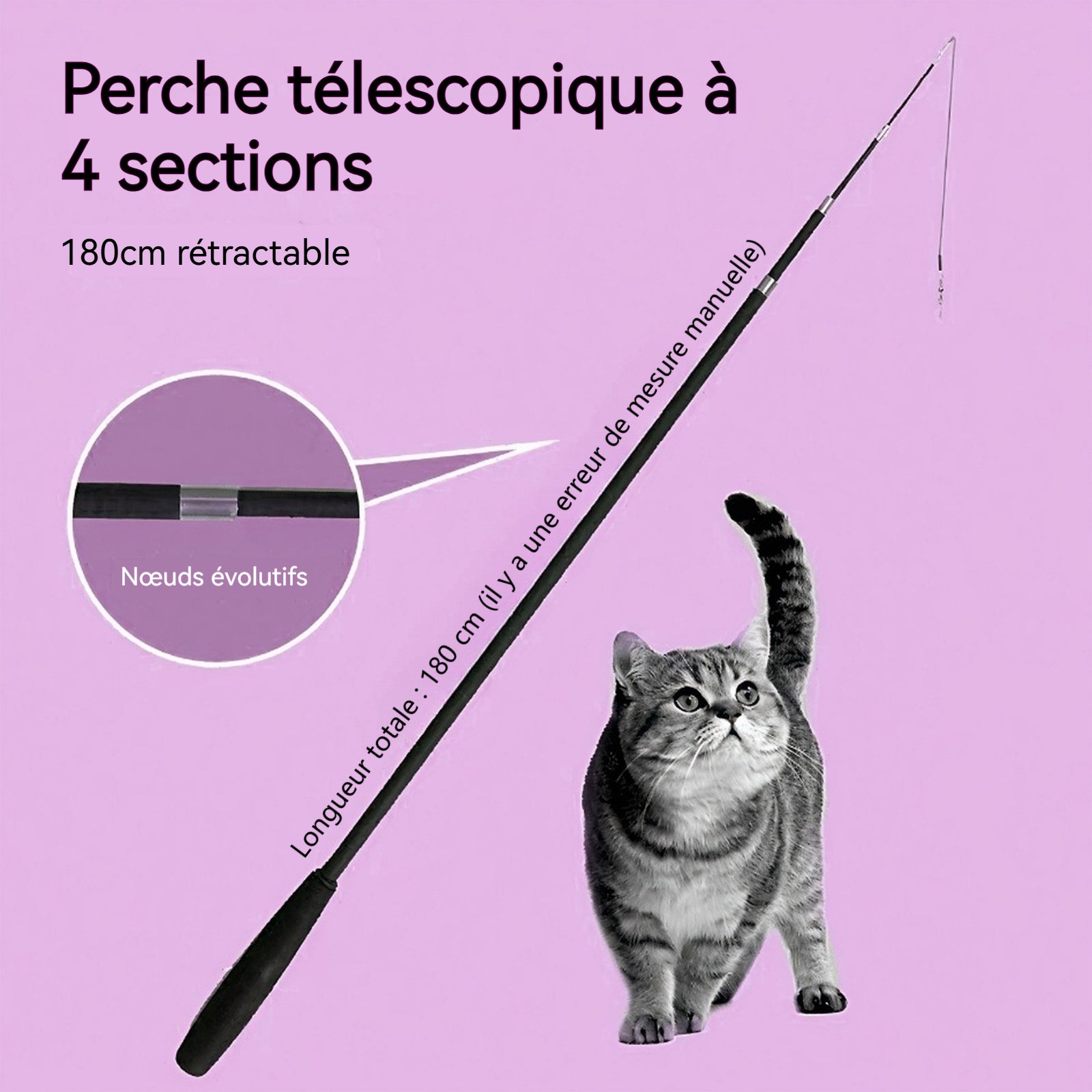 Teaser de chat jouet télescopique pour chat à tige télescopique à 4 sections Tête de rechange à double plume pour animaux noir