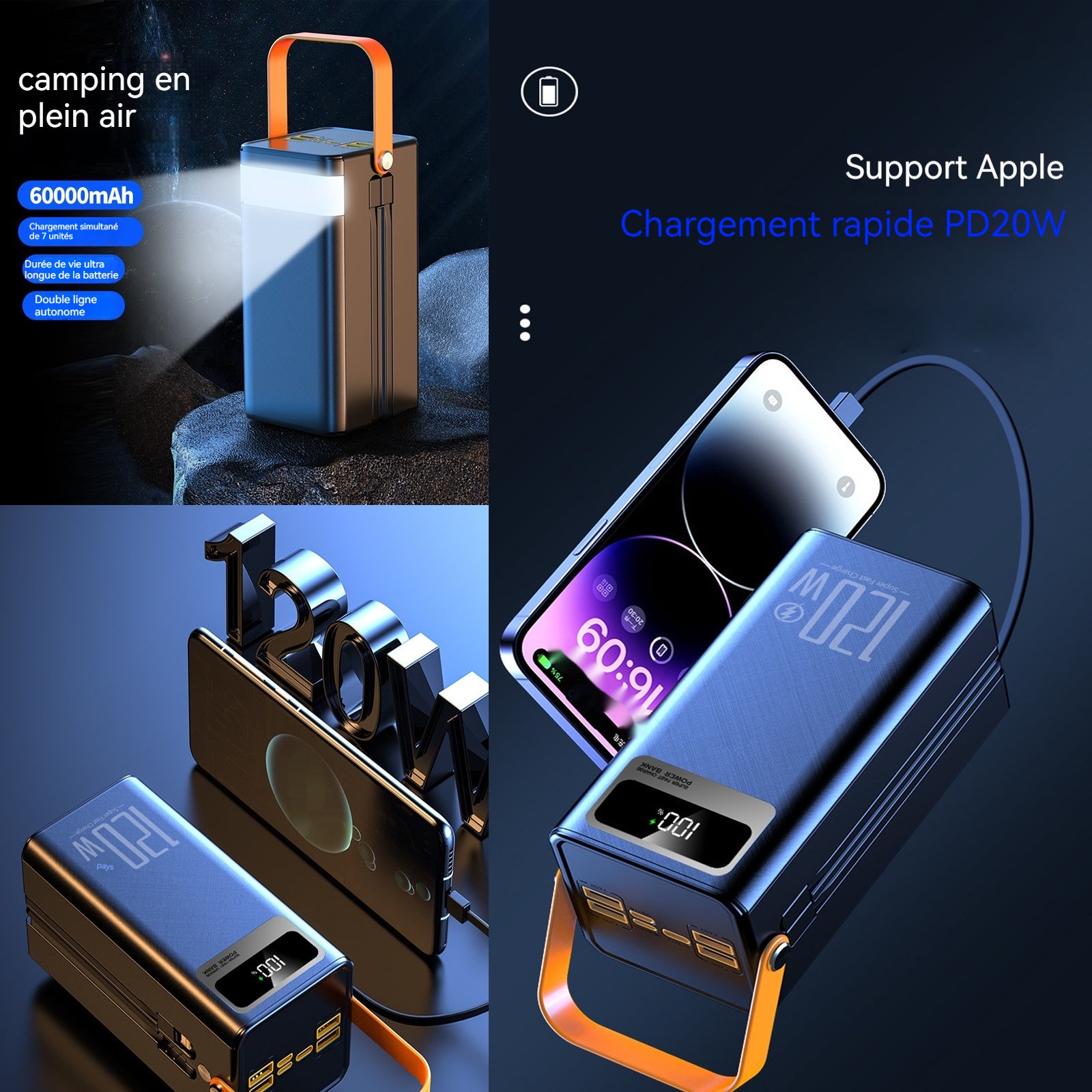 Batterie externe 60000mah PD 40w led affichage et lampe de poche power bank pour telephone avec 4 sorties usb et 3 ports d'entrée
