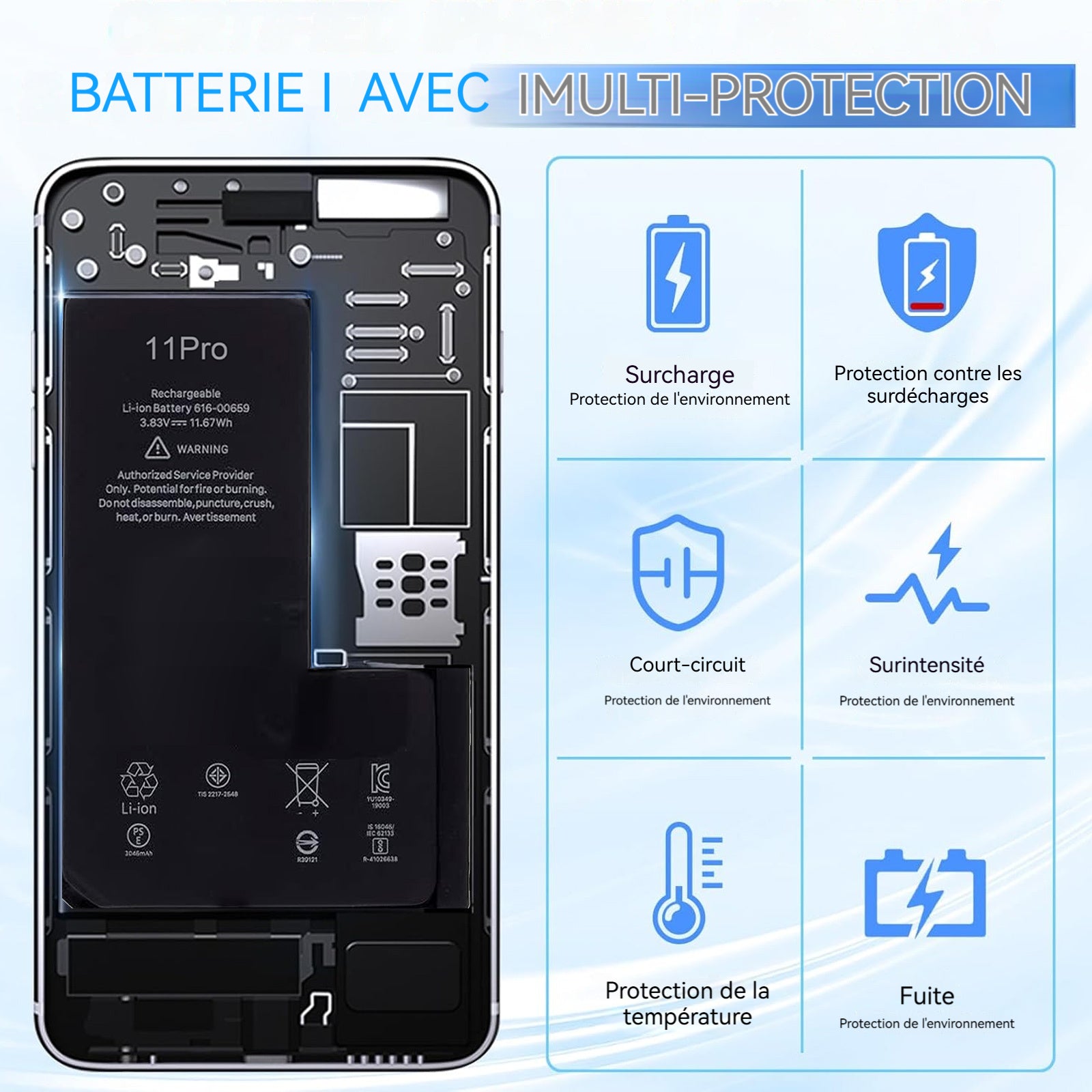 Batterie Premium de Remplacement pour iPhone 11Pro 3046mAh Identique à l'Original Kit Outils Professionnels et adhésif écran Inclus