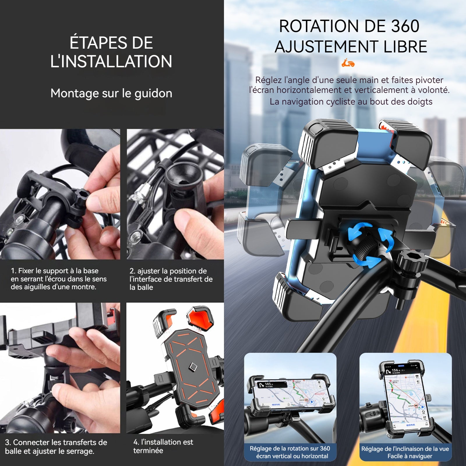 Support telephone moto 14x7cm 360 degrés rotation 1,7-3,0cm guidon diamètre porte telephone velo pour téléphones de 4,7-7,2 pouces