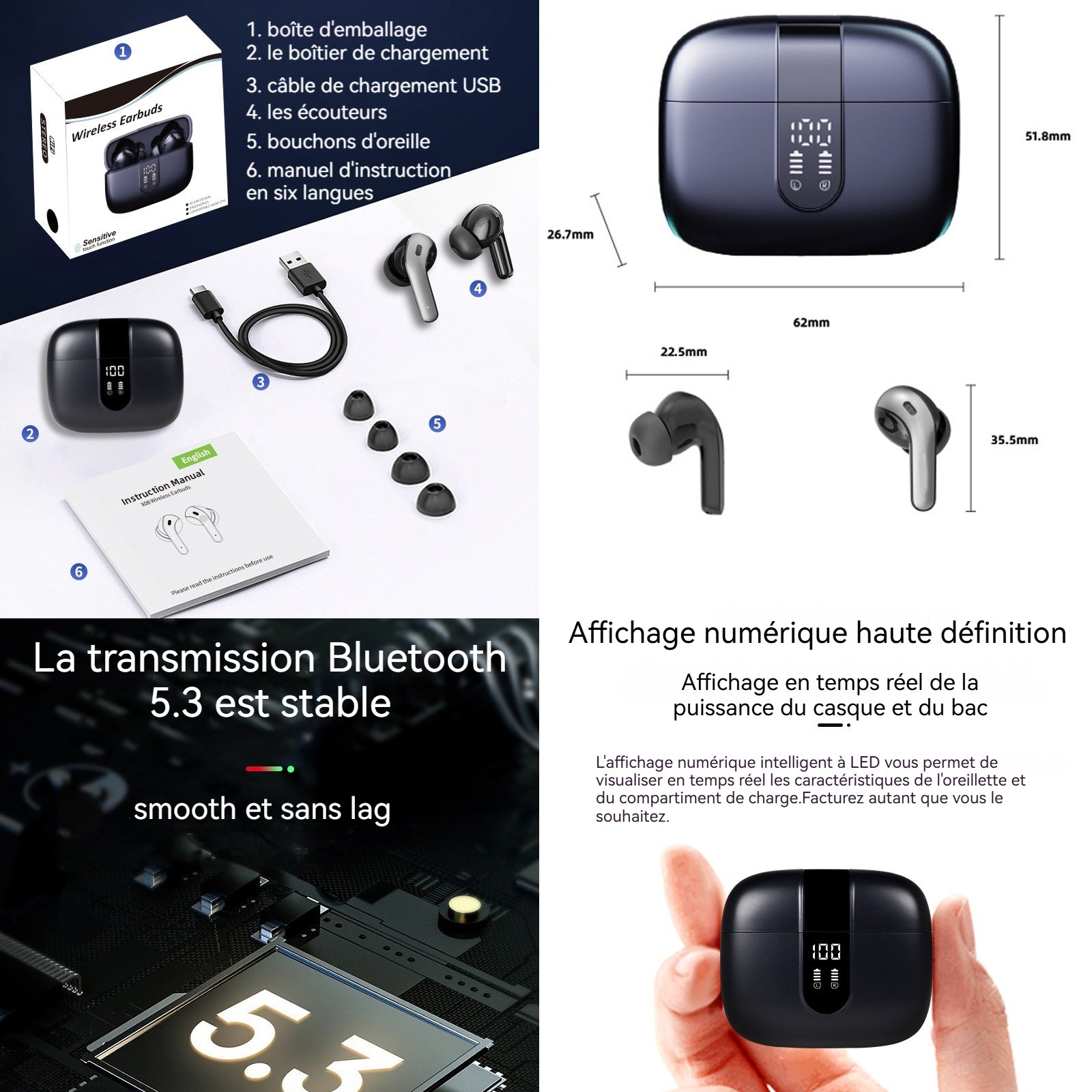 Ecouteurs bluetooth sans fil 36 heures durée d'utilisation réduction bruit à longue portée ecouteurs bluetooth intra-auriculaires