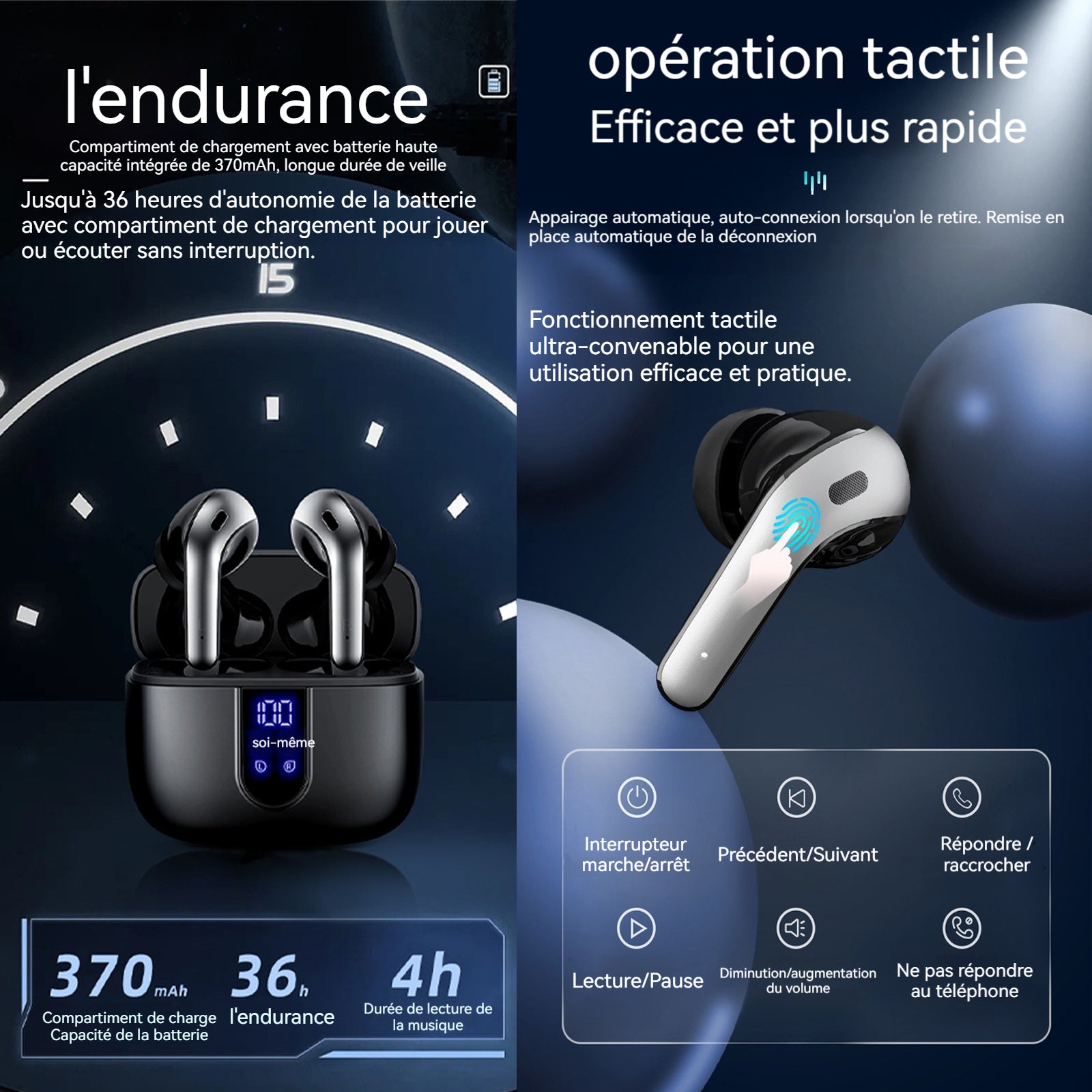 Ecouteurs bluetooth sans fil 36 heures durée d'utilisation réduction bruit à longue portée ecouteurs bluetooth intra-auriculaires