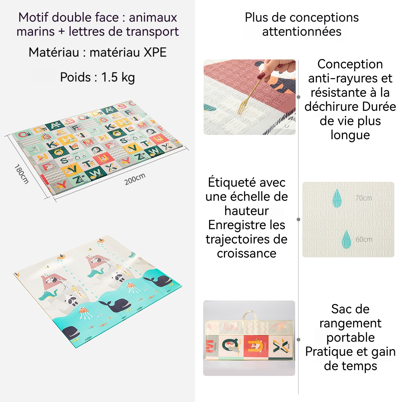 Tapis de jeu 200 x 180 x1 cm tapis de rampement double face Moti fs d'animaux et d'alphabets Tapis de sol pliable antidérapant