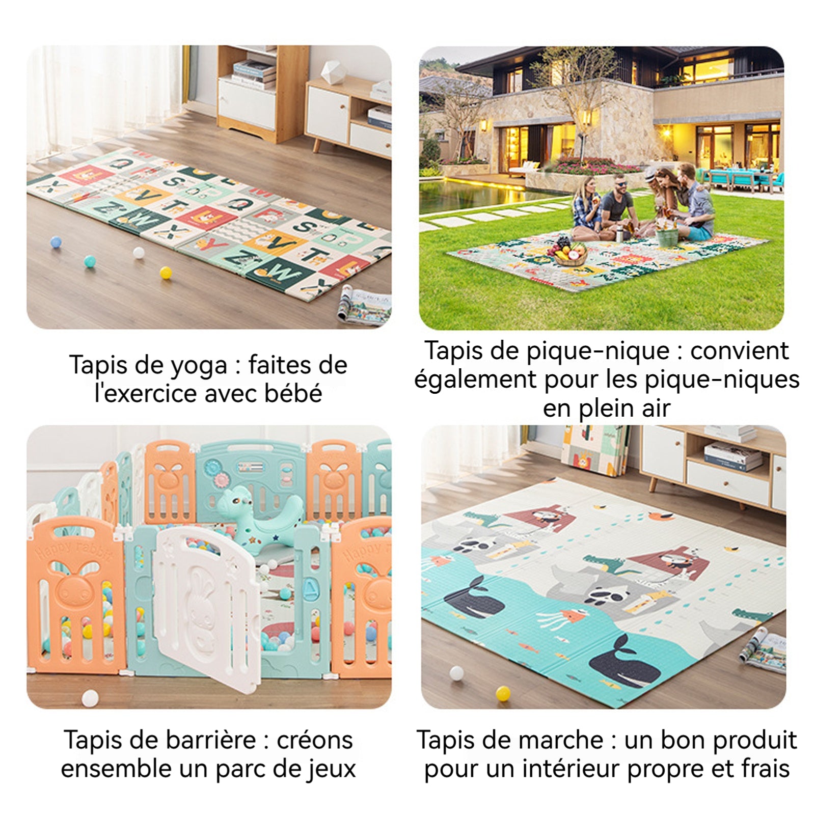 Tapis de jeu 200 x 180 x1 cm tapis de rampement double face Moti fs d'animaux et d'alphabets Tapis de sol pliable antidérapant