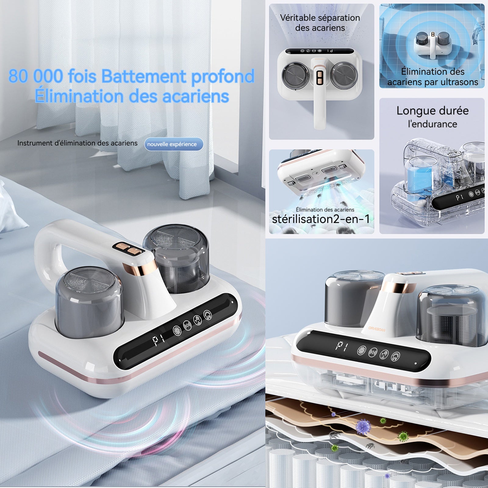 Aspirateur anti acariens 10000pa avec lumière UV et Technologie ultrasonique avec Capteur d'Acariens et écran numérique Intelligent