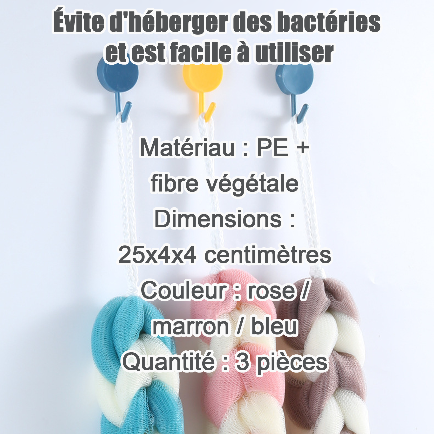Éponge de bain 3 pièces eponge longue tresses maille eponge éponge exfoliant trois différentes couleurs bande éponge exfoliant