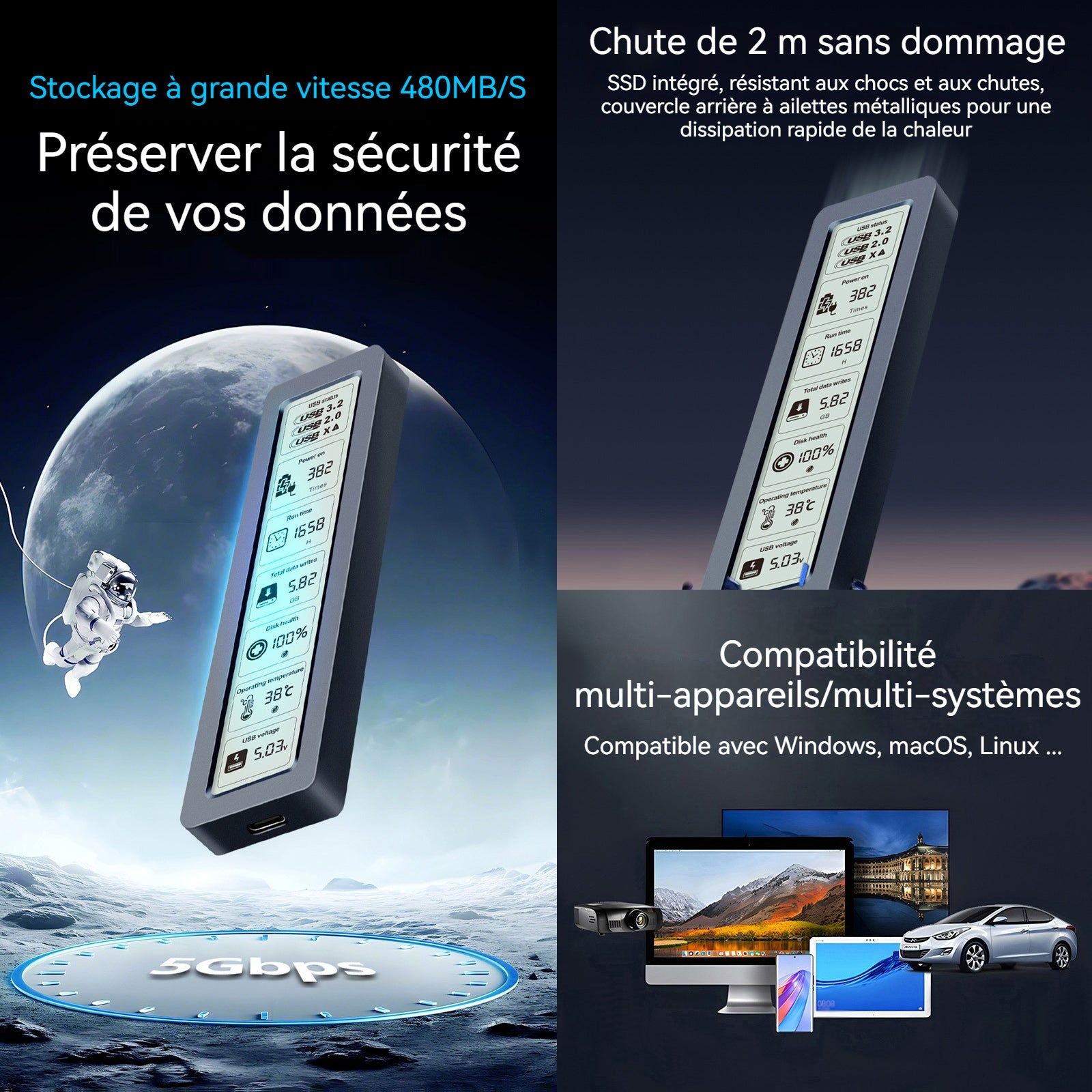 Boîtier SSD M2 SATA 5gbps avec écran d'affichage numérique compatible boîtier SSD pour 2230/2242/2260/2280 boîtier de disque
