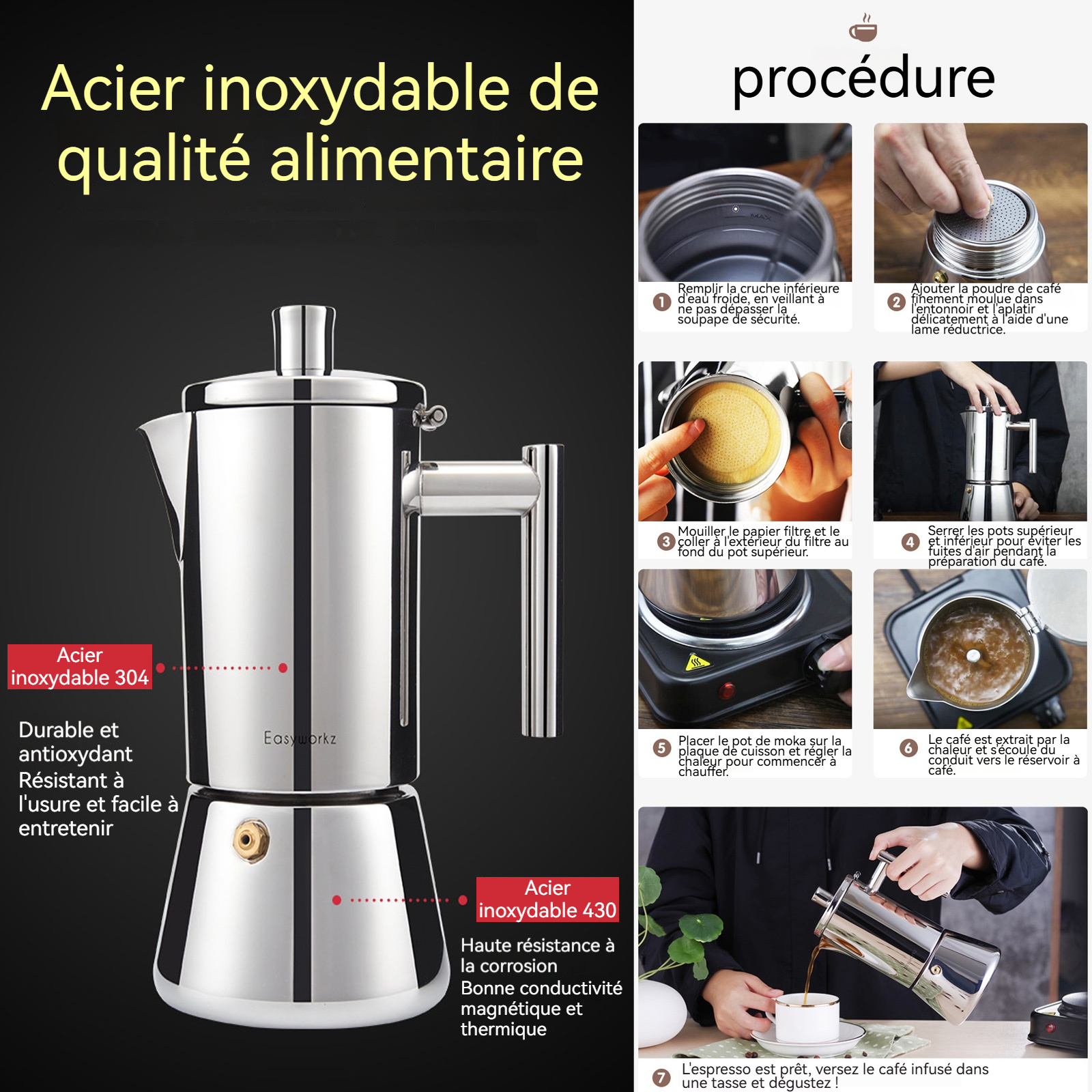 afetière italienne en acier inoxydable pour 10 tasses 500ml Pour induction à gaz et toutes les cuisinières Cafetière moka Argenté