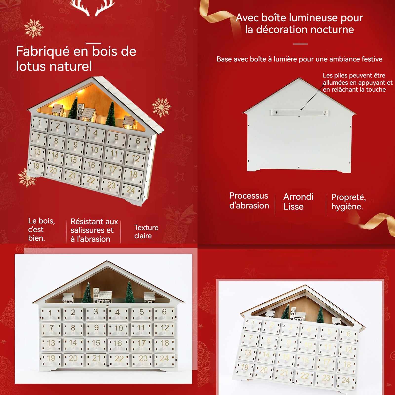 Calendrier de l'avent 24 numéros 41x8x33cm ensemble de scène de village de l'avent de noël bois livré avec des ornements calendrier