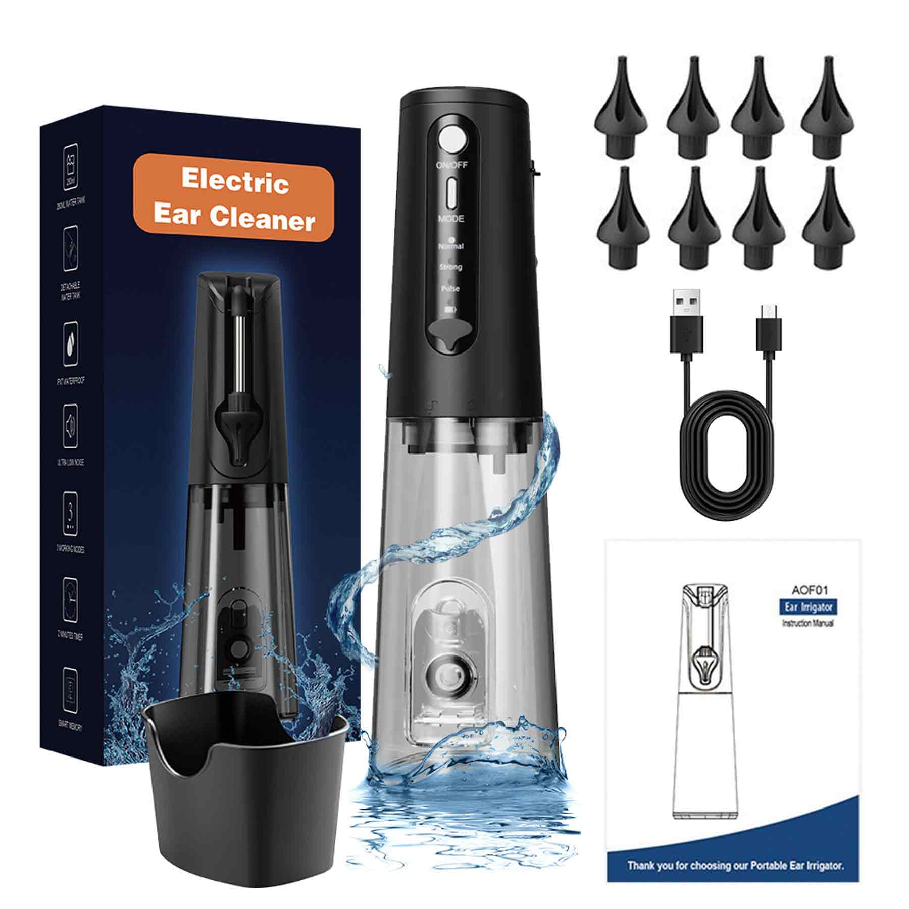 Aspirateur oreille avec 3 modes de mettoyage de portable IPX7 nettoyeur d'oreilles électrique rechargeable pour adultes enfants