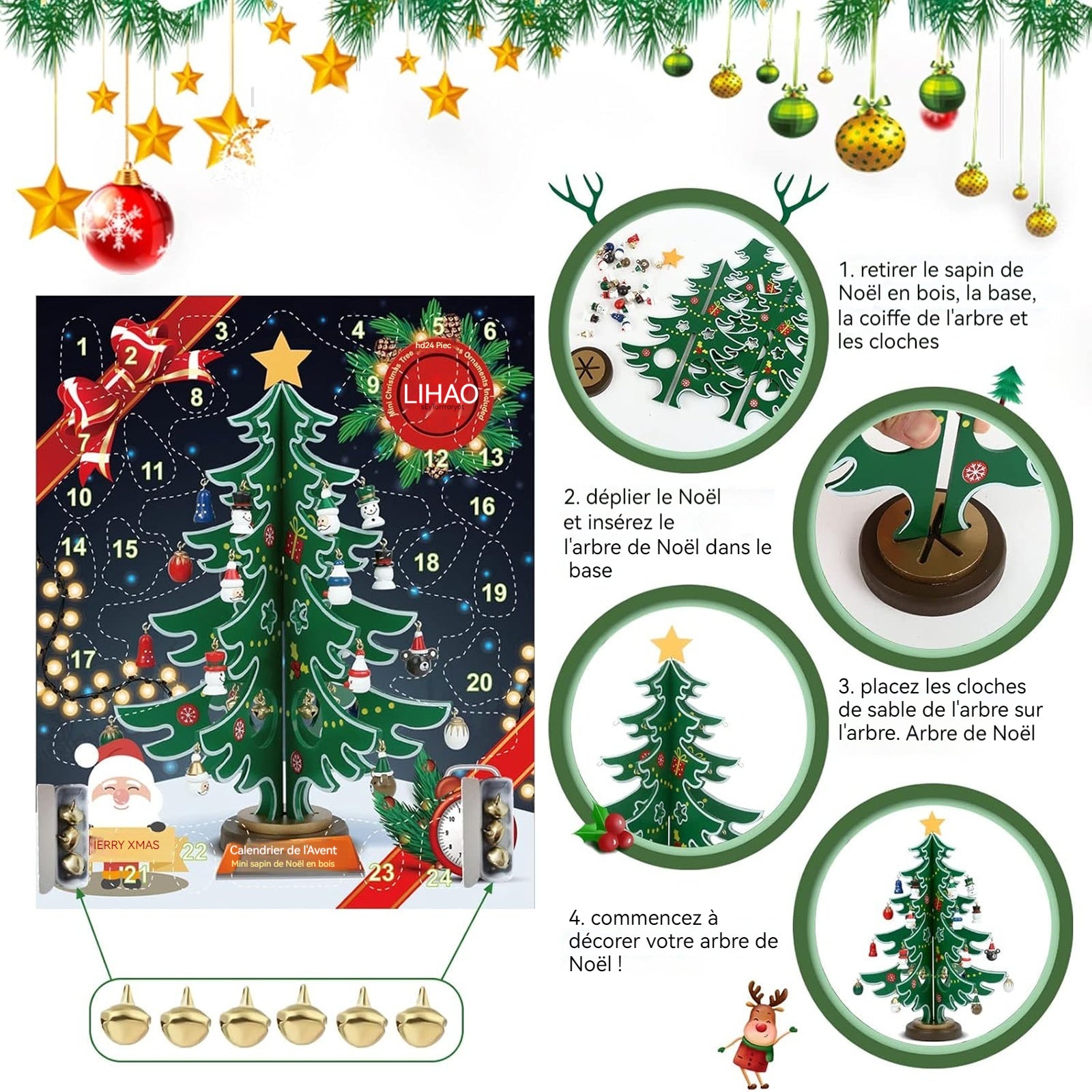 Calendrier de l'avent 2024 2 pcs mini sapin de noël en bois avec 28 ornements cadeaux de noël pour cadeaux enfants decor de noel