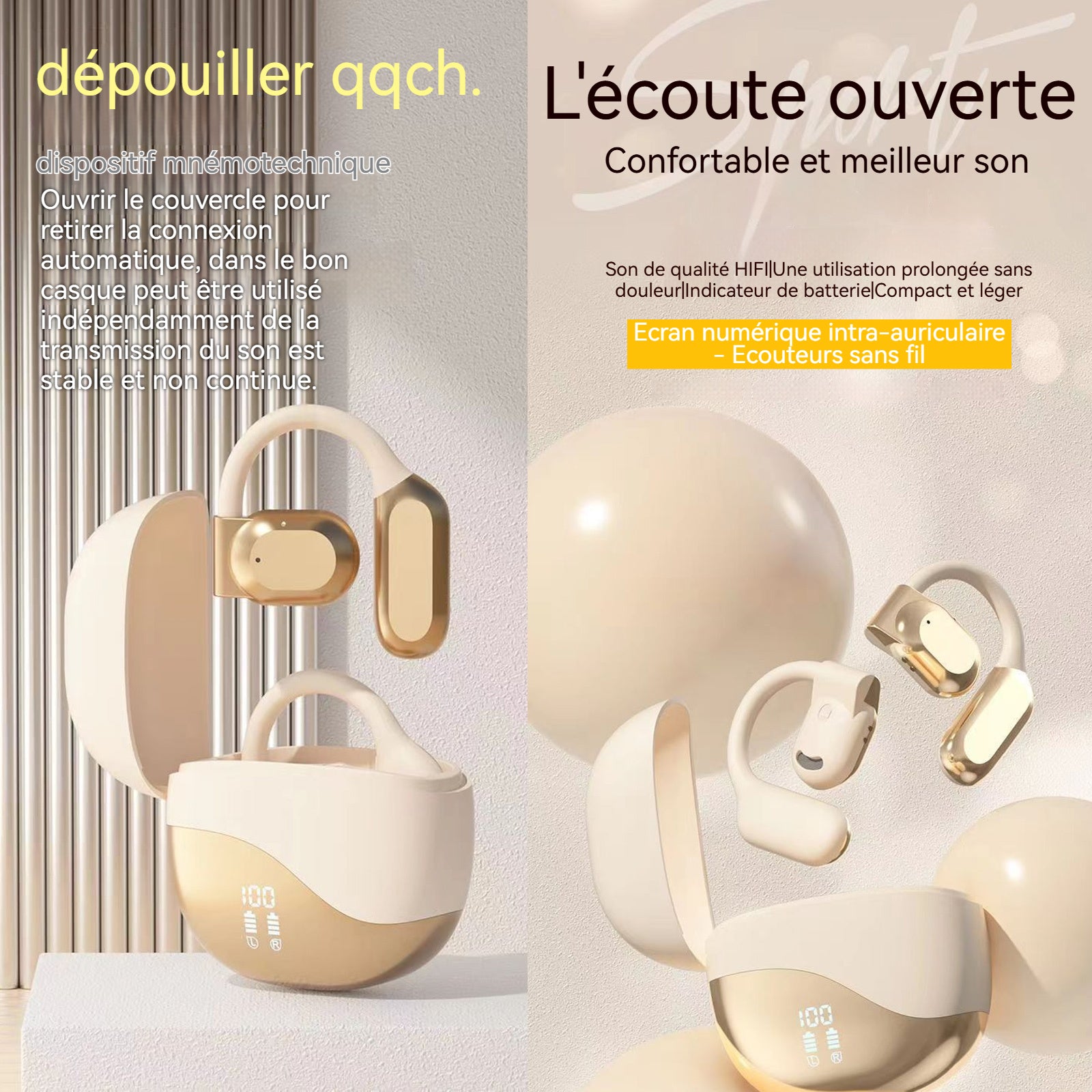 Écouteurs bluetooth conduction sport osseuse sans fil bluetooth 5.3 avec microphone antibruit étanchéité stéréo basses avec écran