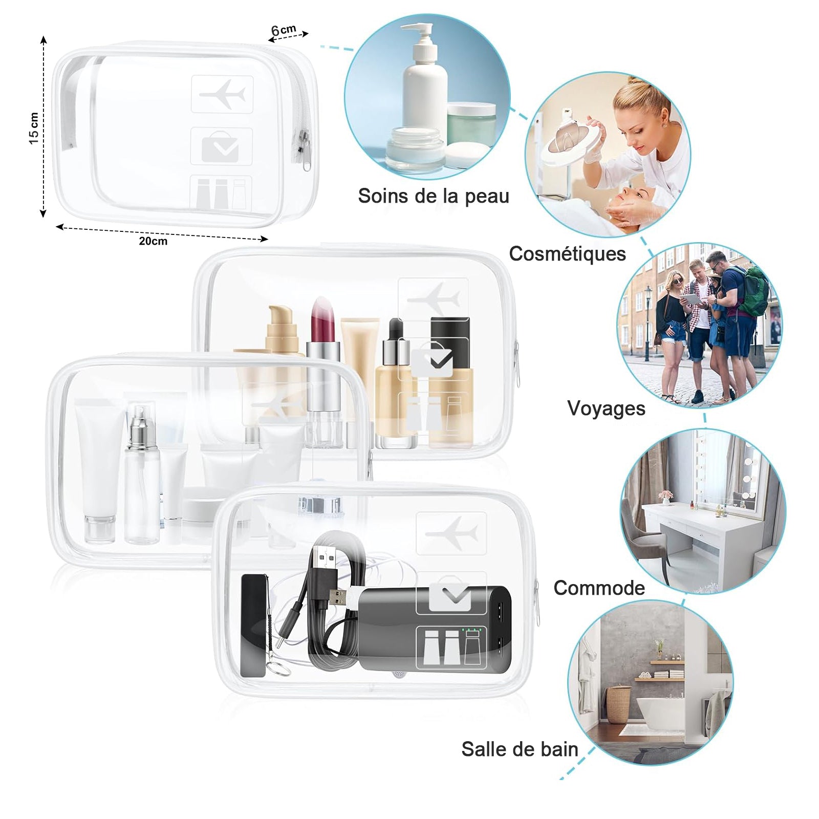 Trousse de toilette 1 pièces 20x6x15cm trousse de maquillage transparente en PVC etanche pour les salle de bain voyages vacances