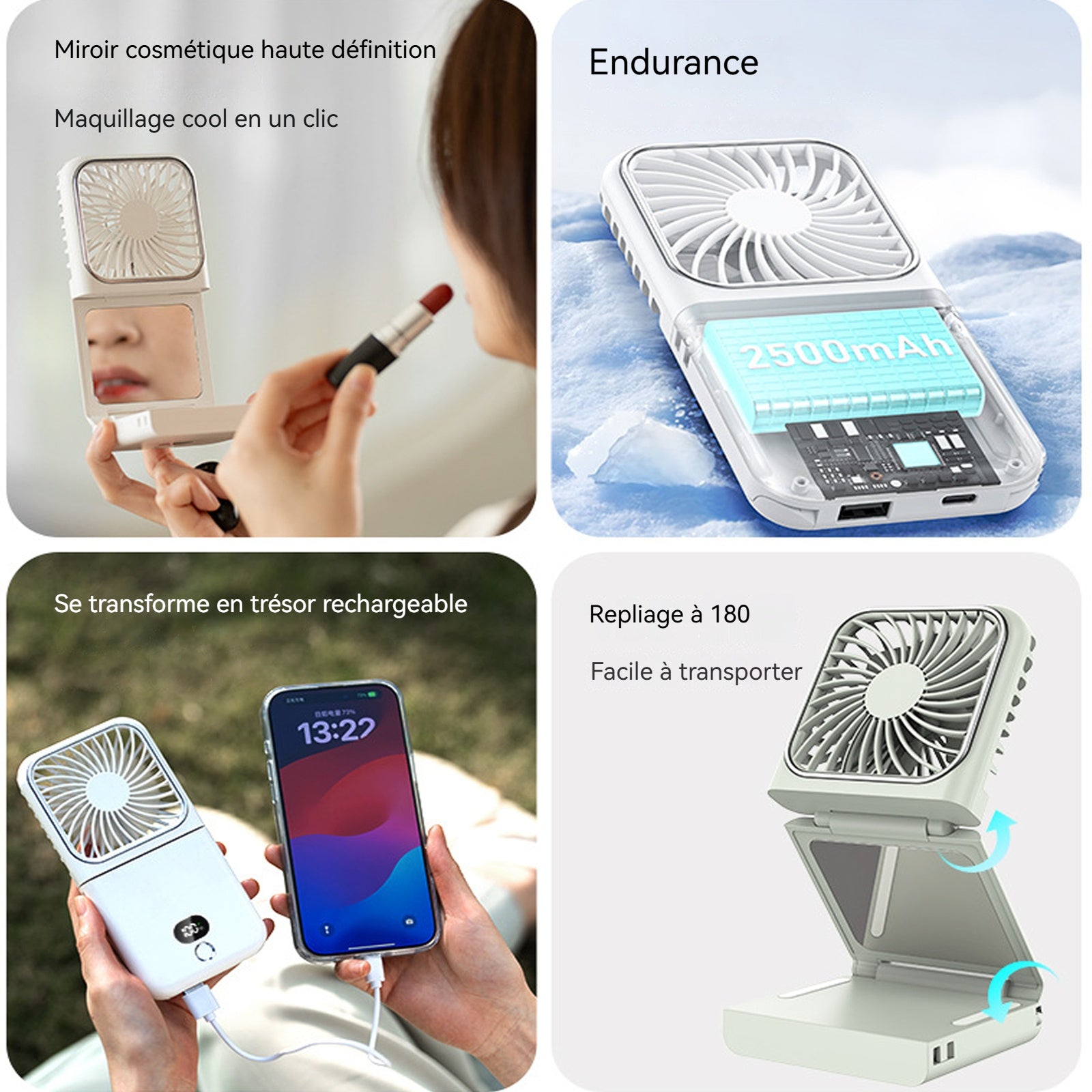 Ventilateur portatif avec miroir ventilateur de charge d'urgence portable d'extérieur USB pliable mini électrique portatif blanc
