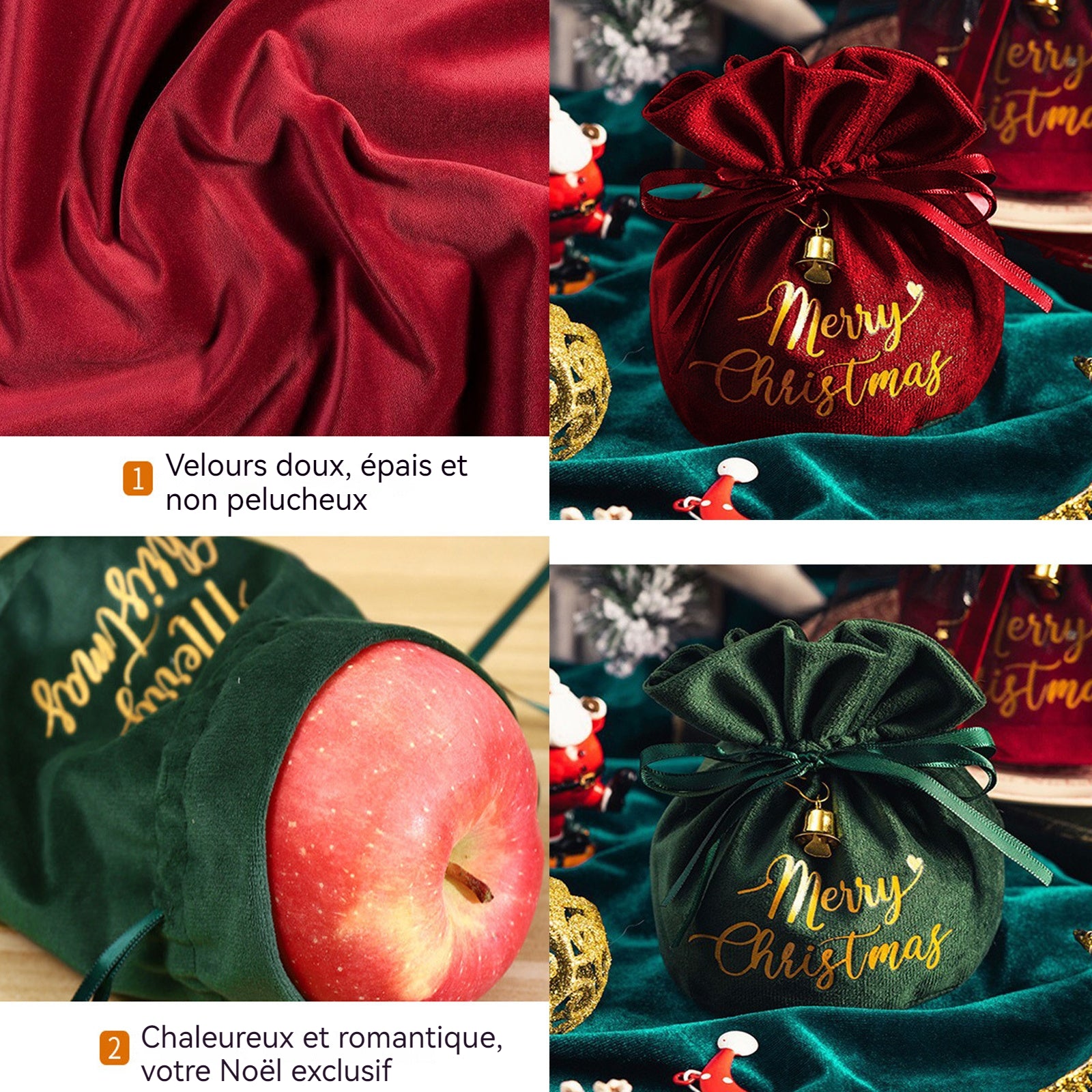 Emballage de noël 1 lot de 4 styles différents sac à pommes créatif en velours de noël décoré de perles et de cloches exquises