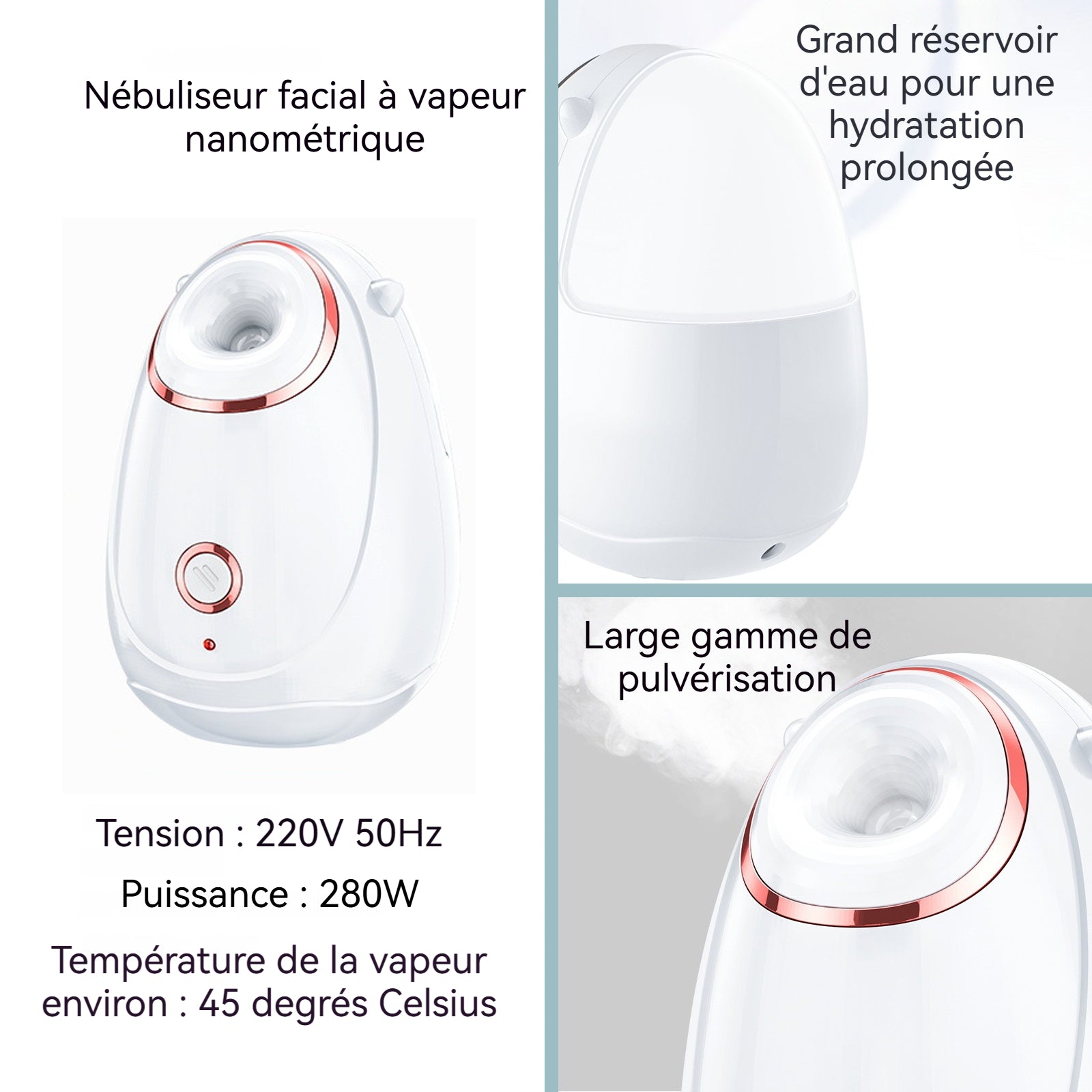 Vapeur pour le visage 280W Vaporisateur vapeur pour le visage Nano Humidificateur à vaporisation domestique Réservoir d'eau de 180ml