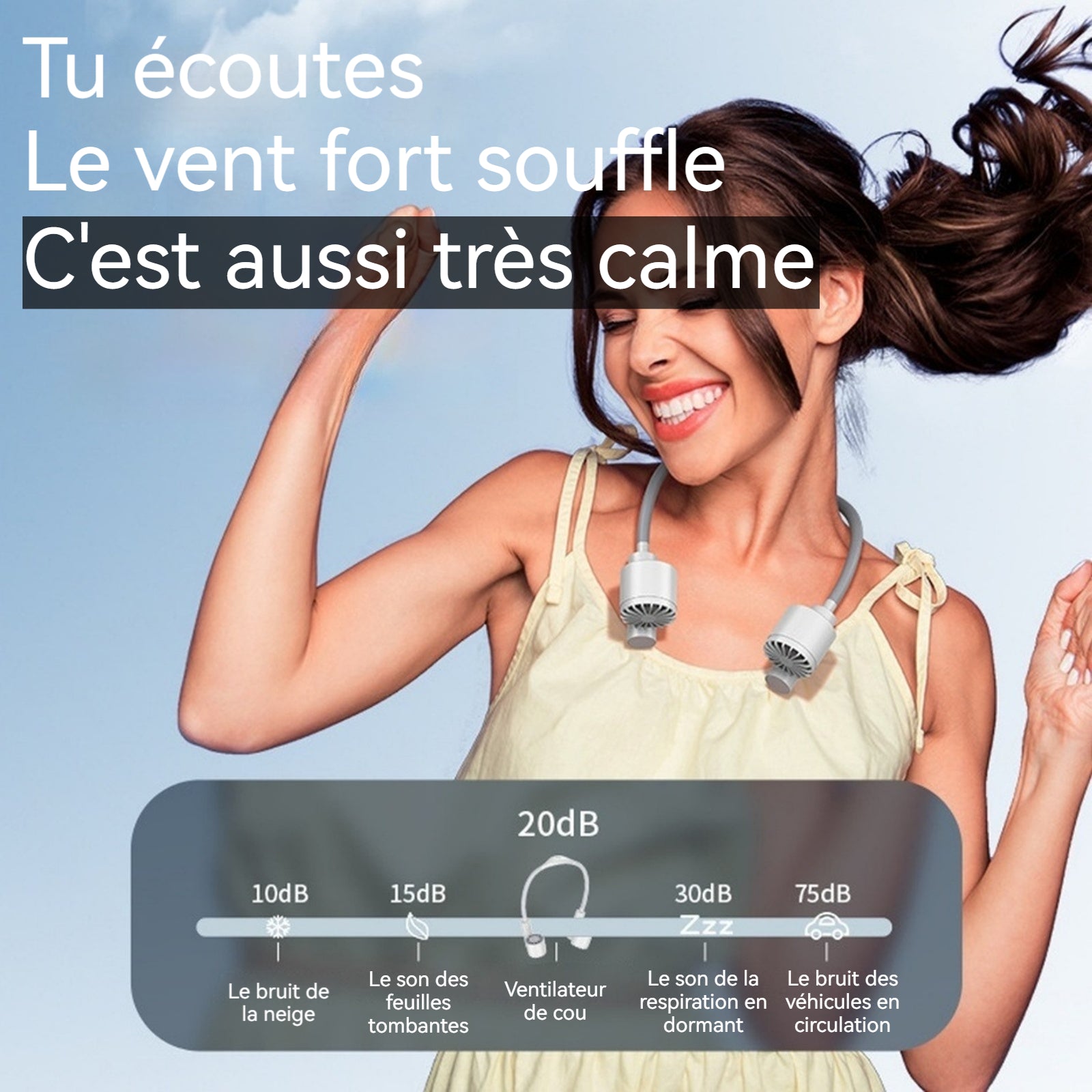 Ventilateur de cou 2400mAh 7 pales 3 vitesses de ventilation léger et portable faible bruit angle réglable ventilation naturelle