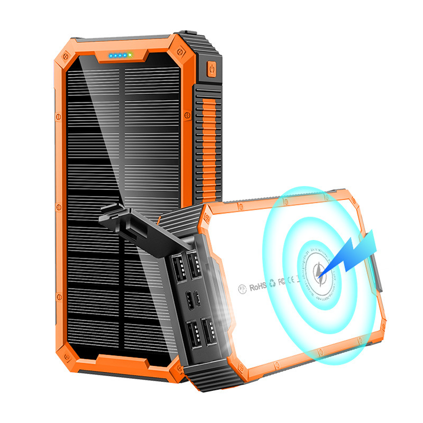 Batterie externe 20000mah 5w chargeur solaire portable chargement sans fil avec 4 usb sorties et 2 entrée avec lumière de camping