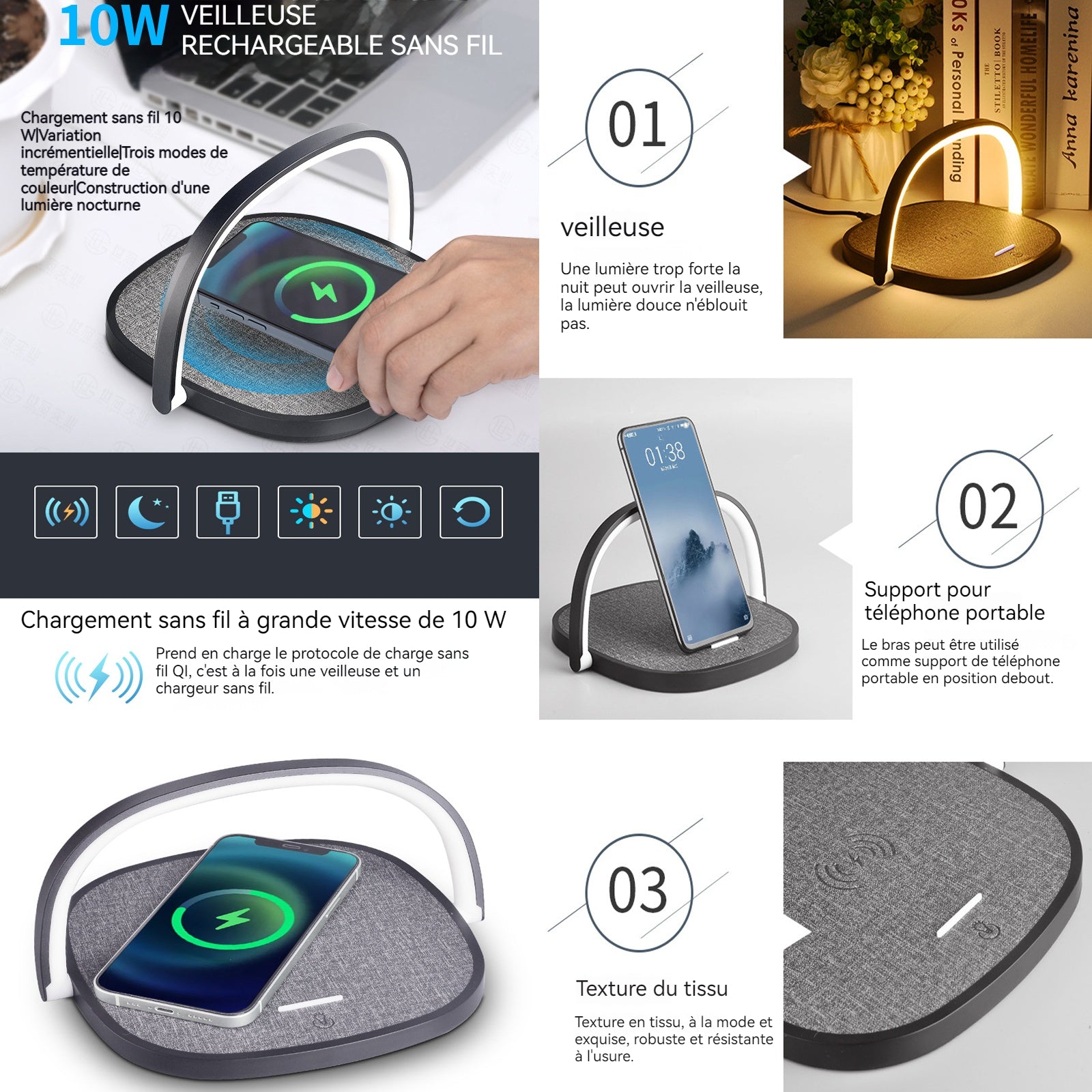 Chargeur sans fil rapide 10w avec veilleuse chargeur induction USB compatible multifonctionnel lampe chevet compact et portable