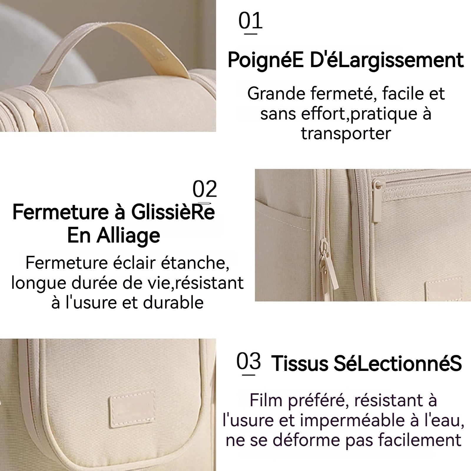 trousse de toilette 370g Tissus écologiques Double ouverture suspendue portable grande capacité tenue à la main sac à cosmétiques
