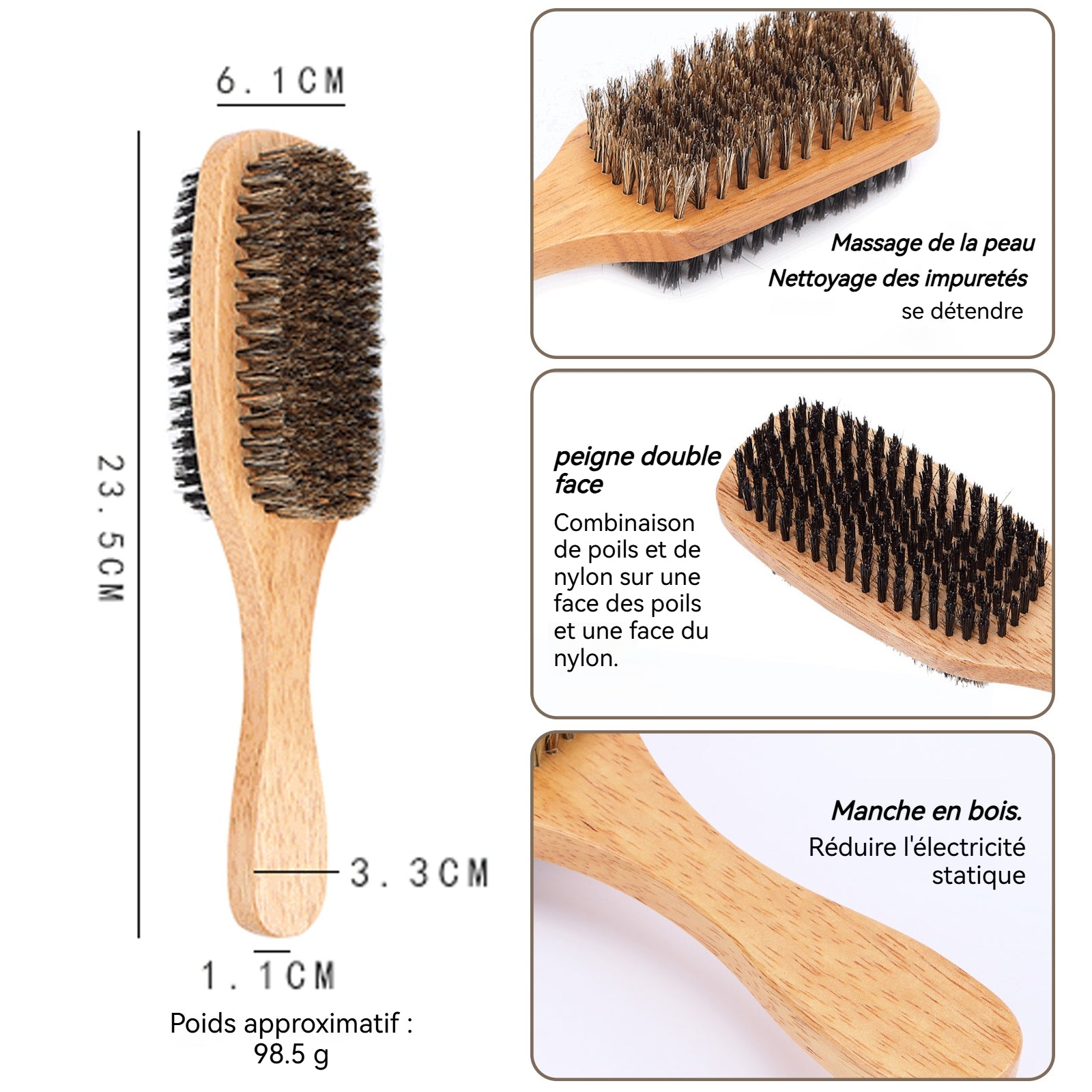 Brosse à barbe en poils de sanglier double face brosse à barbe et moustache brosse à cheveux brosse barbe pour cheveux et barbe