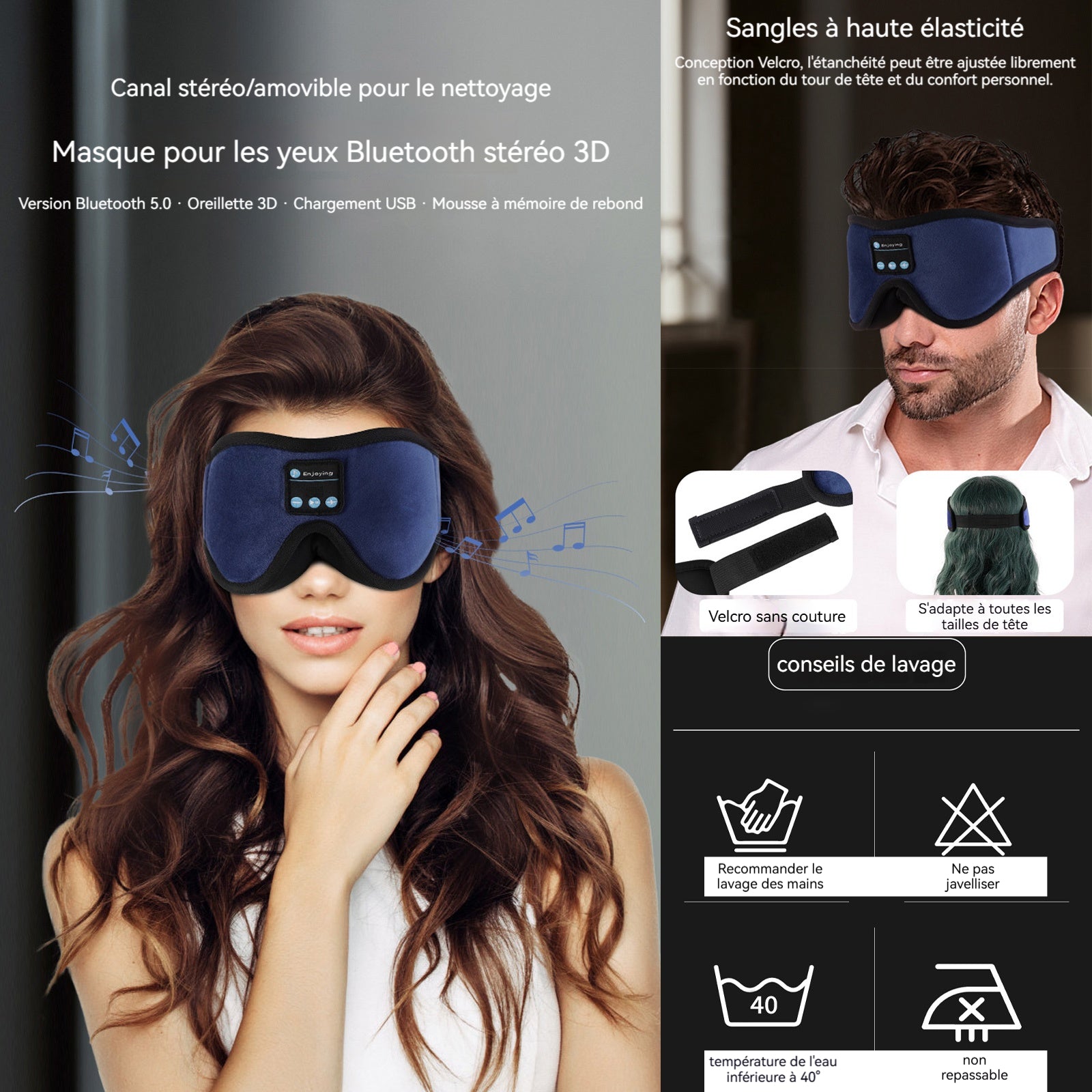 Casque de sommeil 10 heures endurance musique masque pour les yeux sommeil casque 3D Bluetooth sans ombrage sommeil voyage aérien