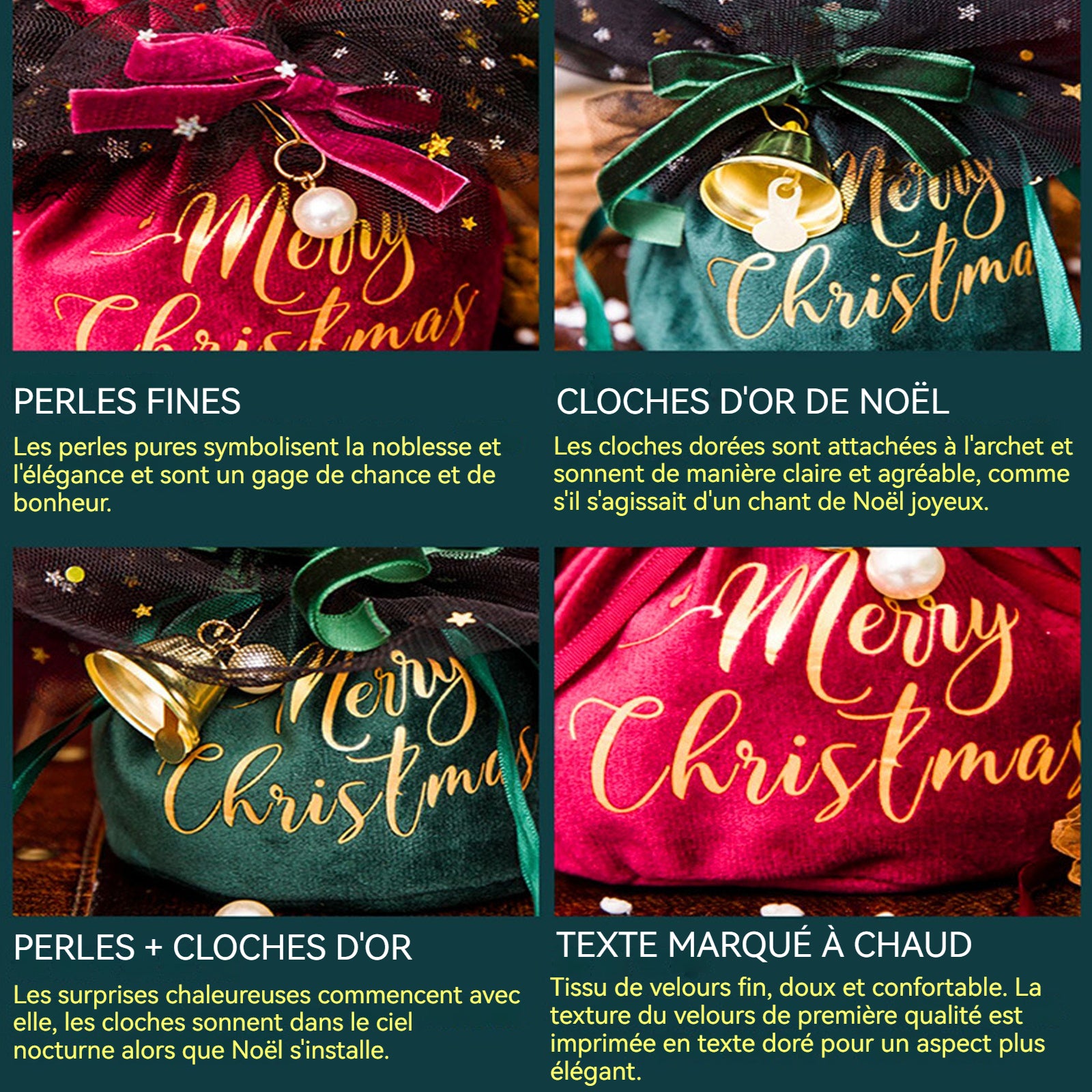Emballage de noël 1 lot de 4 styles différents sac à pommes créatif en velours de noël décoré de perles et de cloches exquises
