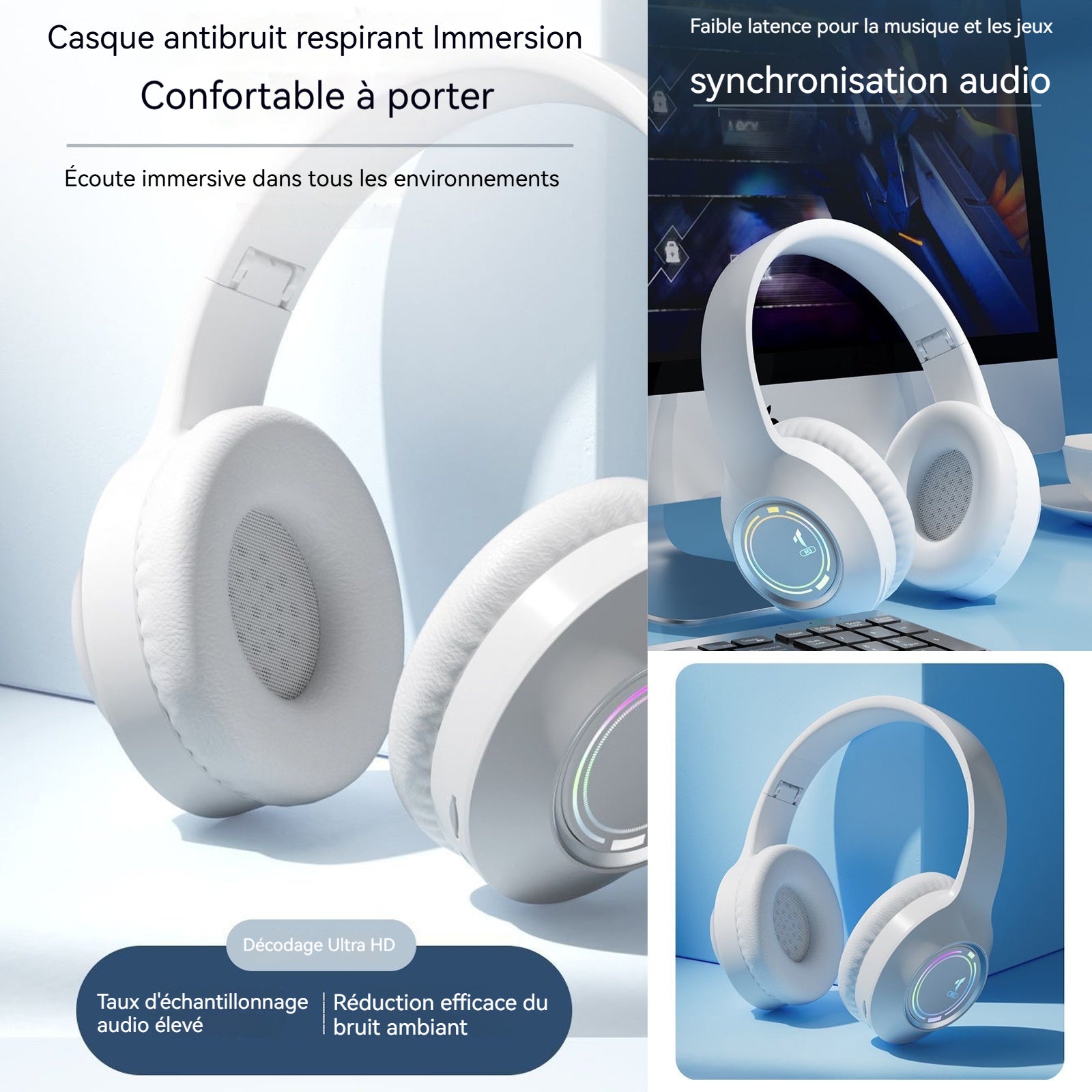Casque Bluetooth sans Fil monté sur latête 5.3 casque Bluetooth sans filcasque Bluetooth pliableavec fonction de réduction active