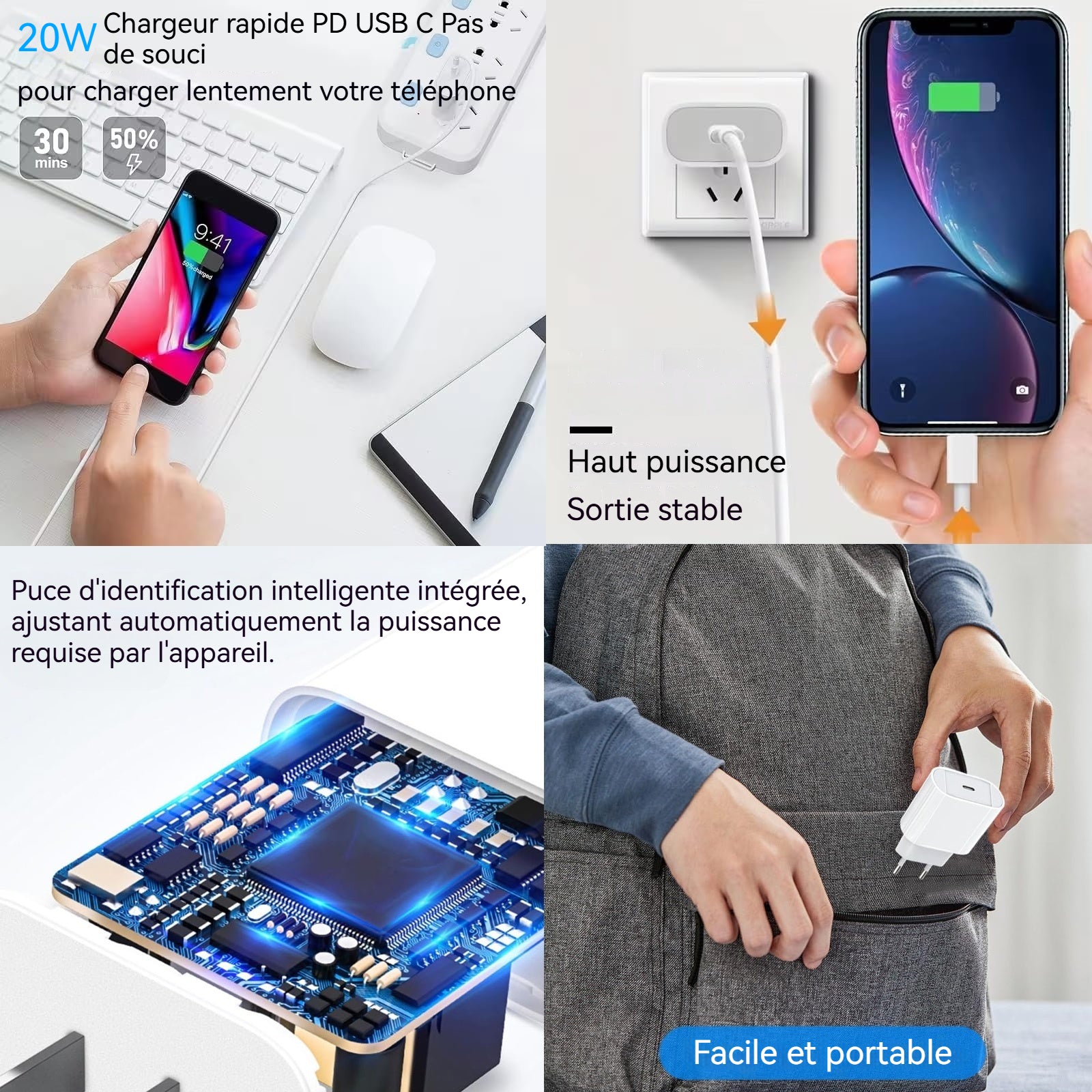 Chargeur de voyage 20w type-c charge rapide chargeur standard européen à coins arrondi adaptateur secteur universel chargeur USB