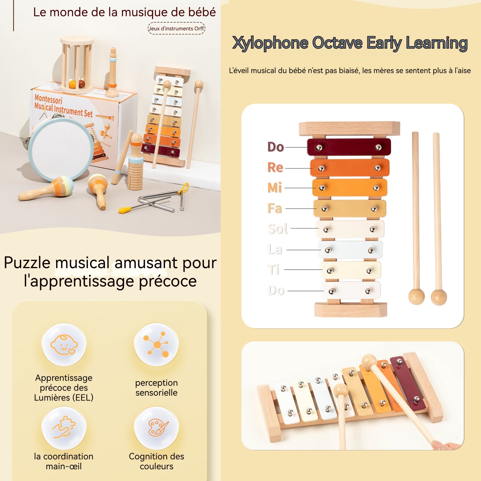 Jouet montessori 7 pièces ensemble d'instruments de musique en bois pour enfants jouets musique et reconnaissance des couleurs