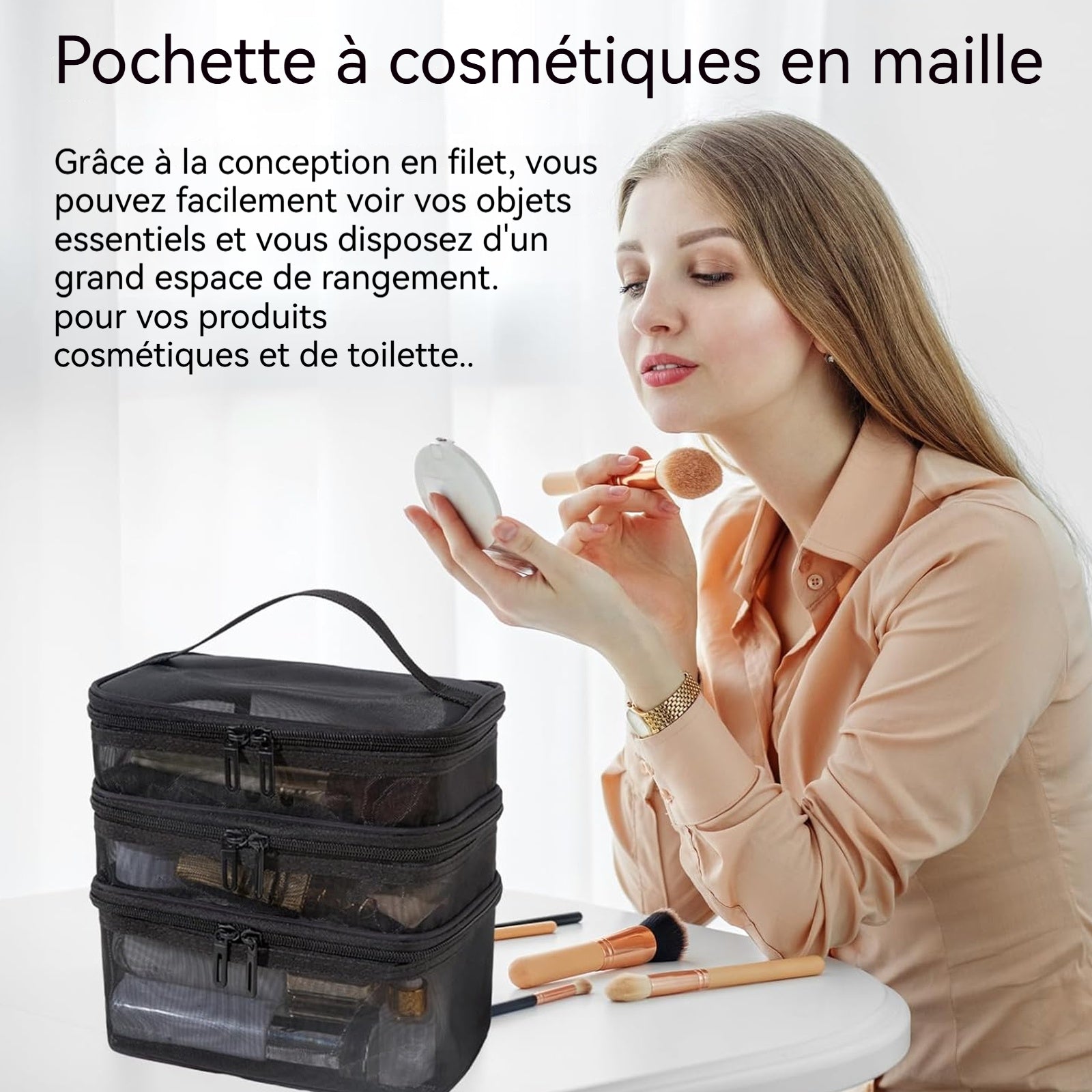 trousse de toilette 165g Grande ouverture Respirant Visible Résistant à l'abrasion Portable Grande capacité sac à cosmétique