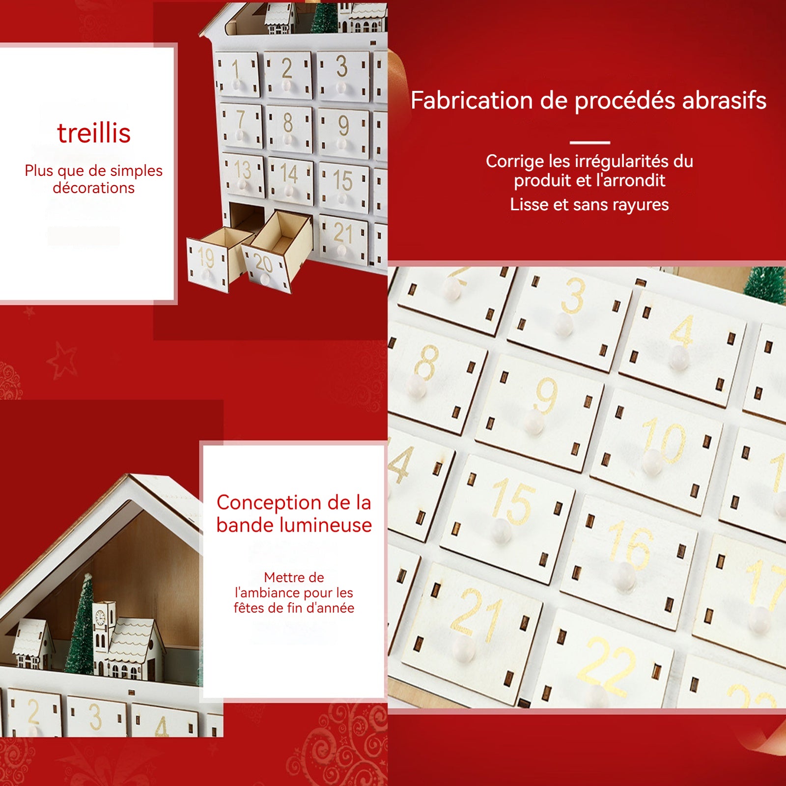 Calendrier de l'avent 24 numéros 41x8x33cm ensemble de scène de village de l'avent de noël bois livré avec des ornements calendrier