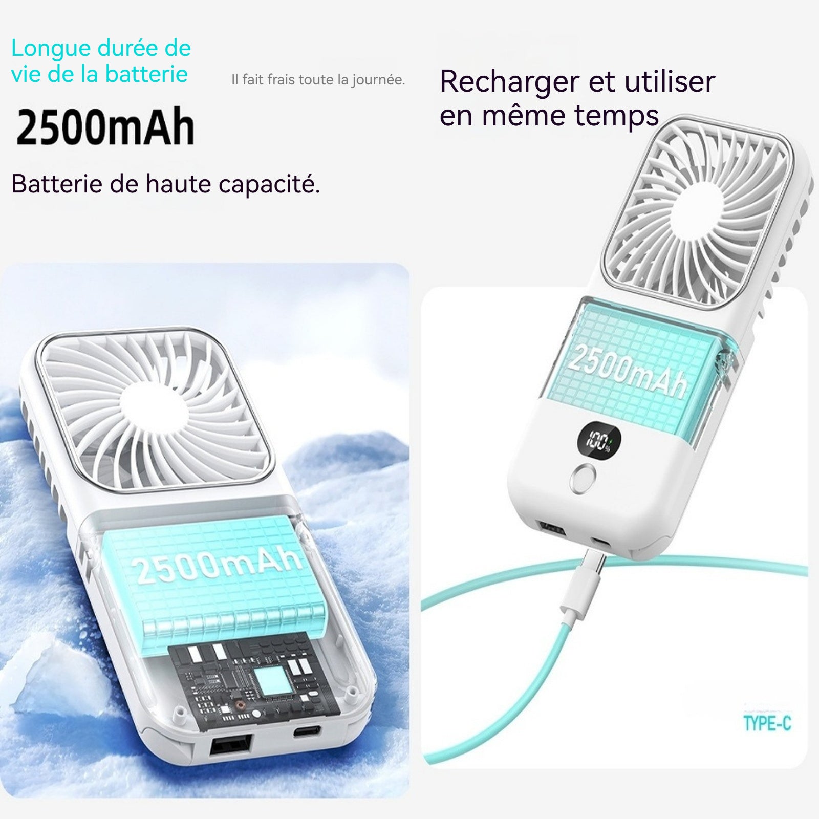 Ventilateur portatif avec miroir ventilateur de charge d'urgence portable d'extérieur USB pliable mini électrique portatif blanc