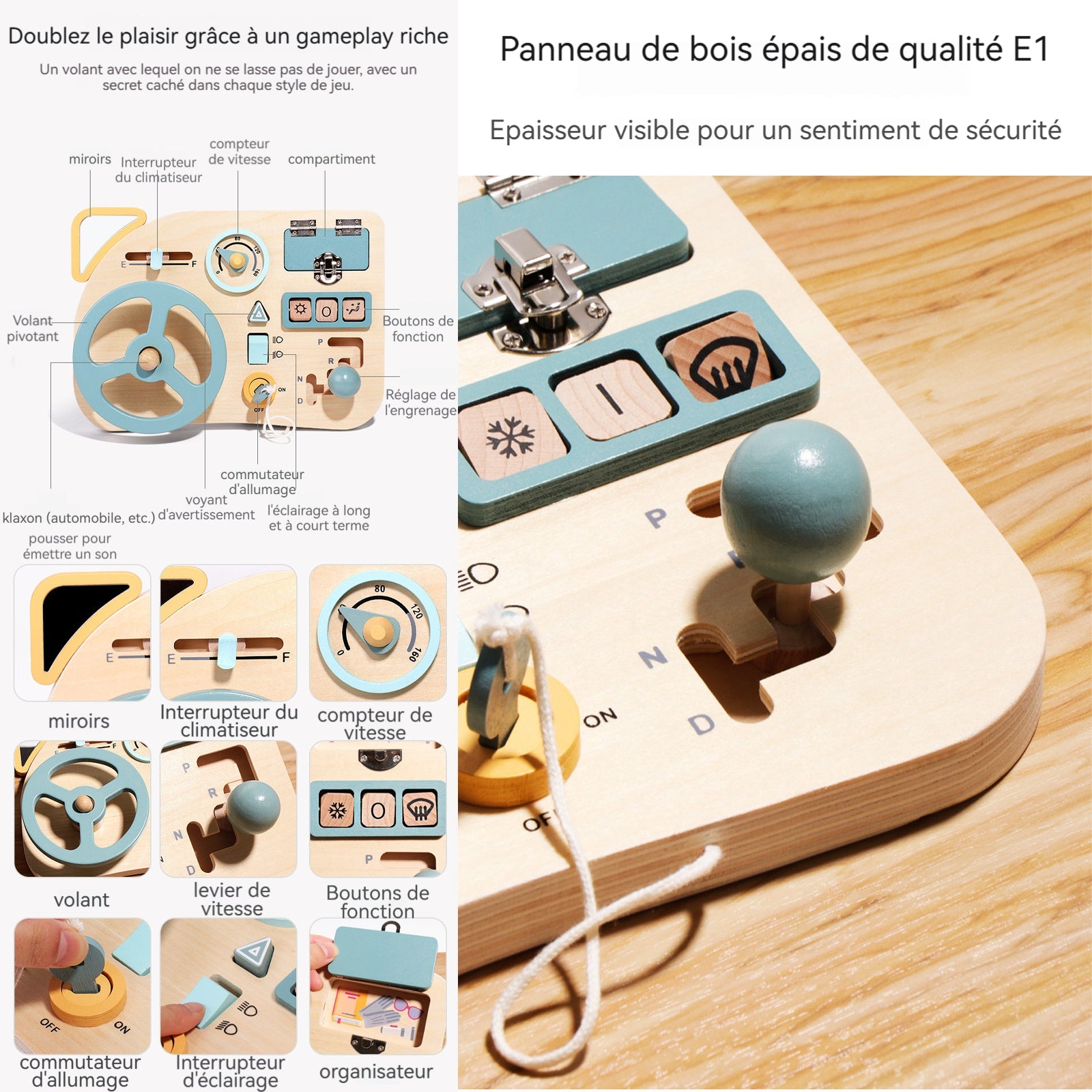 Jouet montessori 20,5x29,5cm busy board le volant simule l'expérience de conduite une variété d'accessoires sûrs et sophistiqués