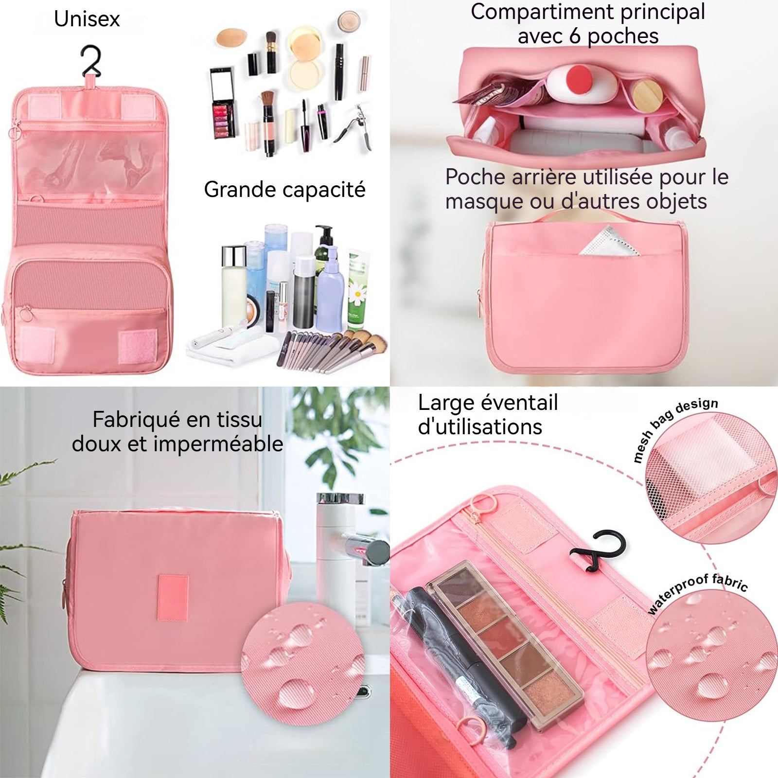 Trousse de toilette de Voyage Volume élevé Tissu imperméable Fermeture éclair Pliable Pour Hommes et Femmes Trousse de Maquillage