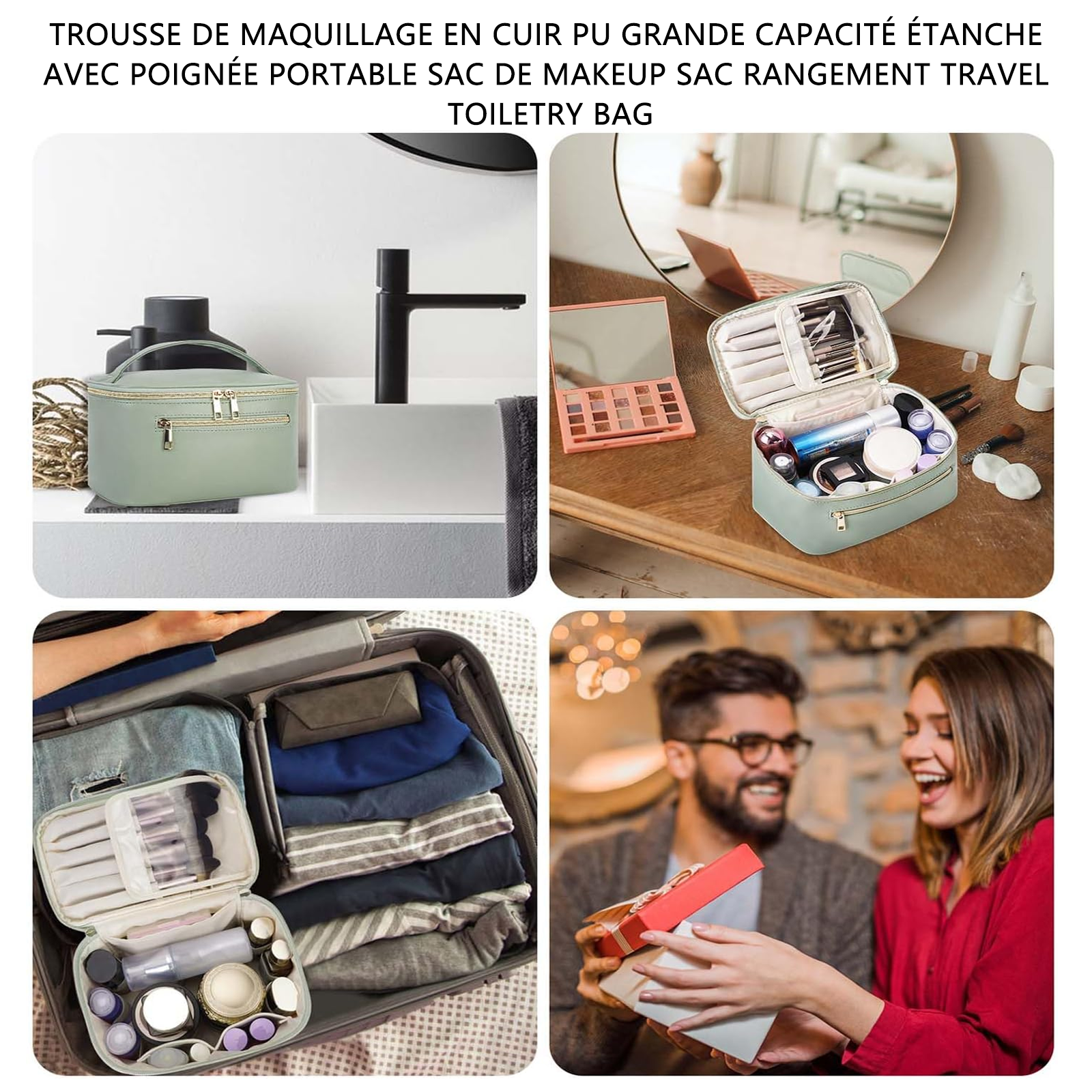 trousse de maquillage en cuir PU Grande capacité Étanche Avec poignée Portable sac de makeup sac rangement travel toiletry bag