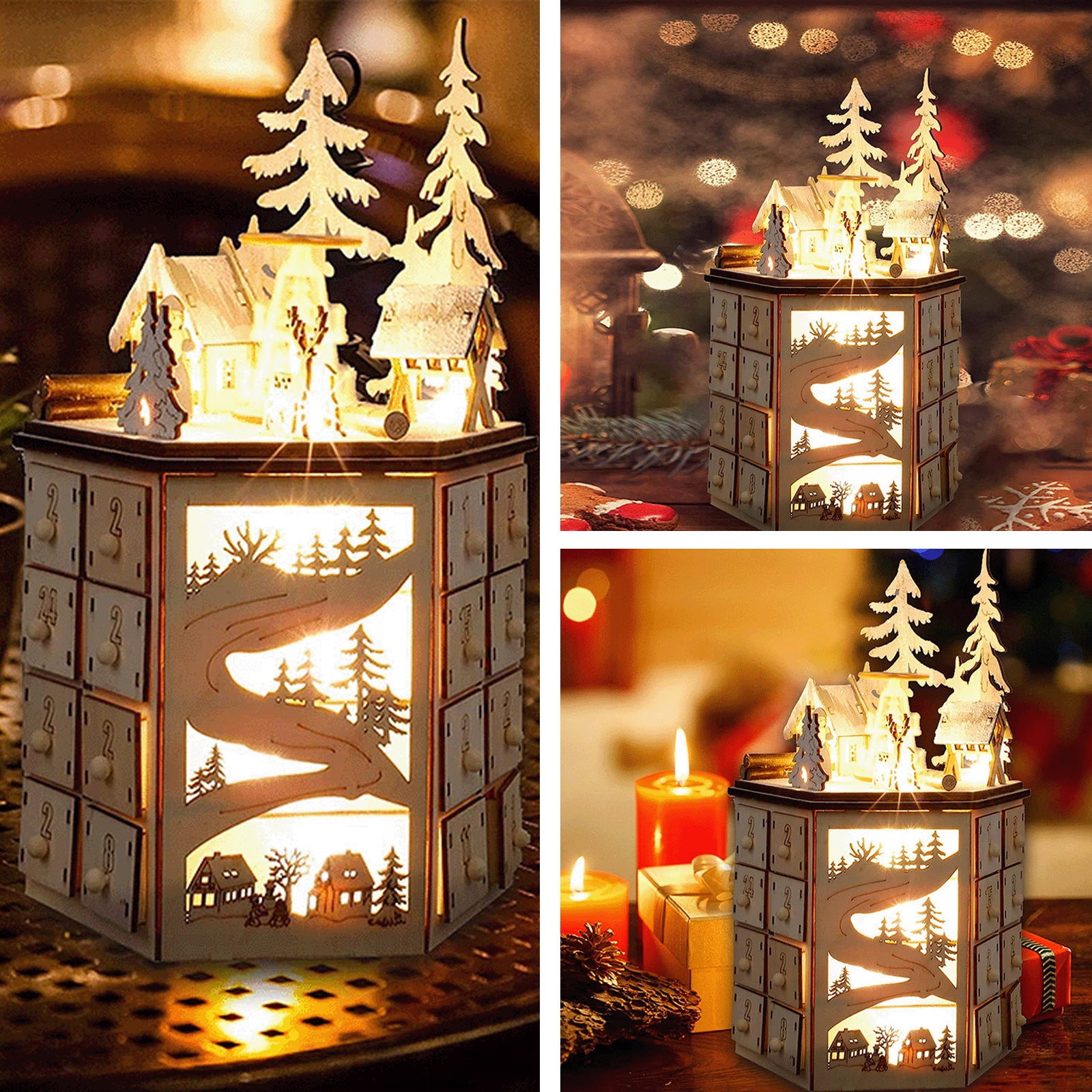 Calendrier de l'avent 24 numéros 20x18x32.5cm ensemble de scène de village de l'avent de noël en bois livré avec des effets musicaux