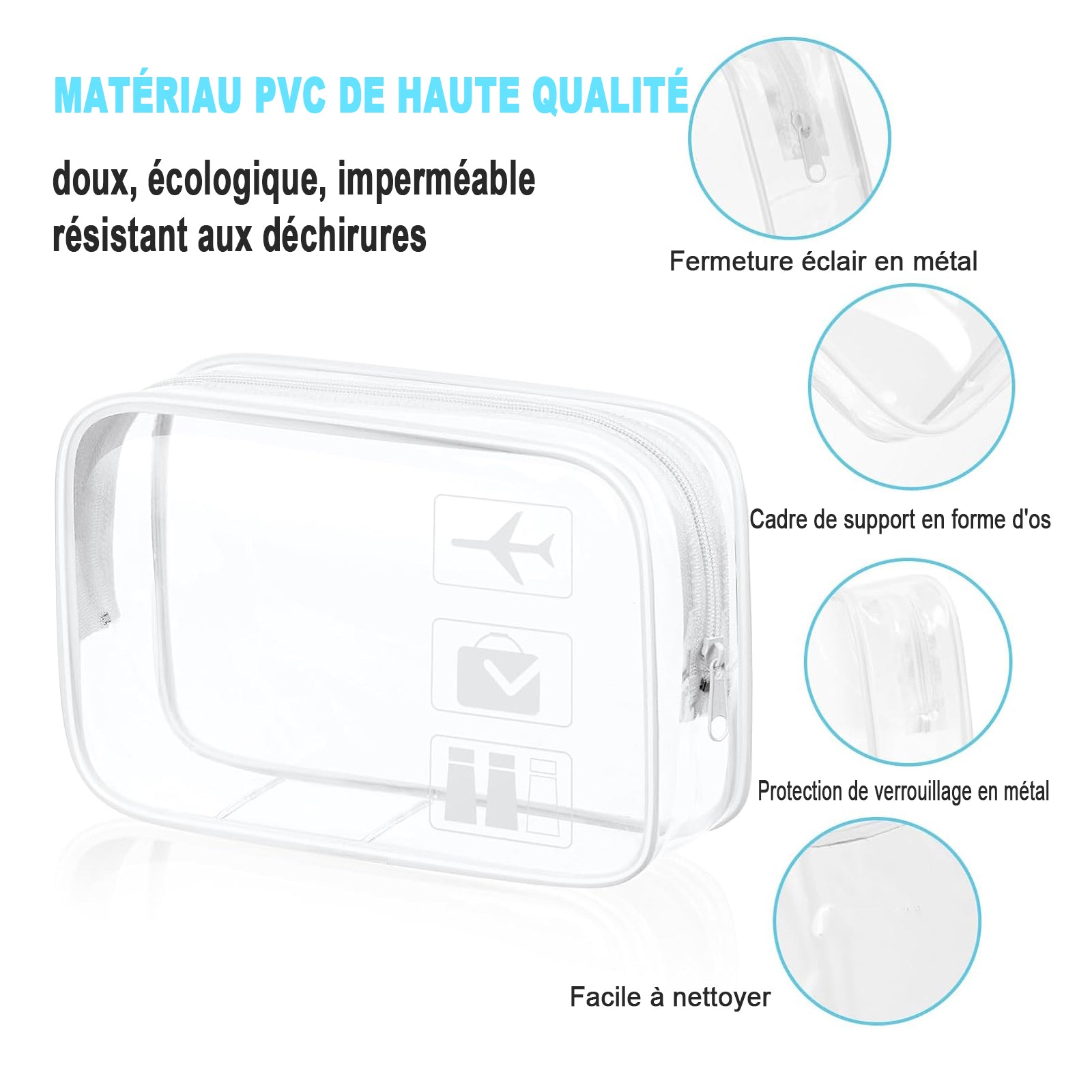 Trousse de toilette 1 pièces 20x6x15cm trousse de maquillage transparente en PVC etanche pour les salle de bain voyages vacances