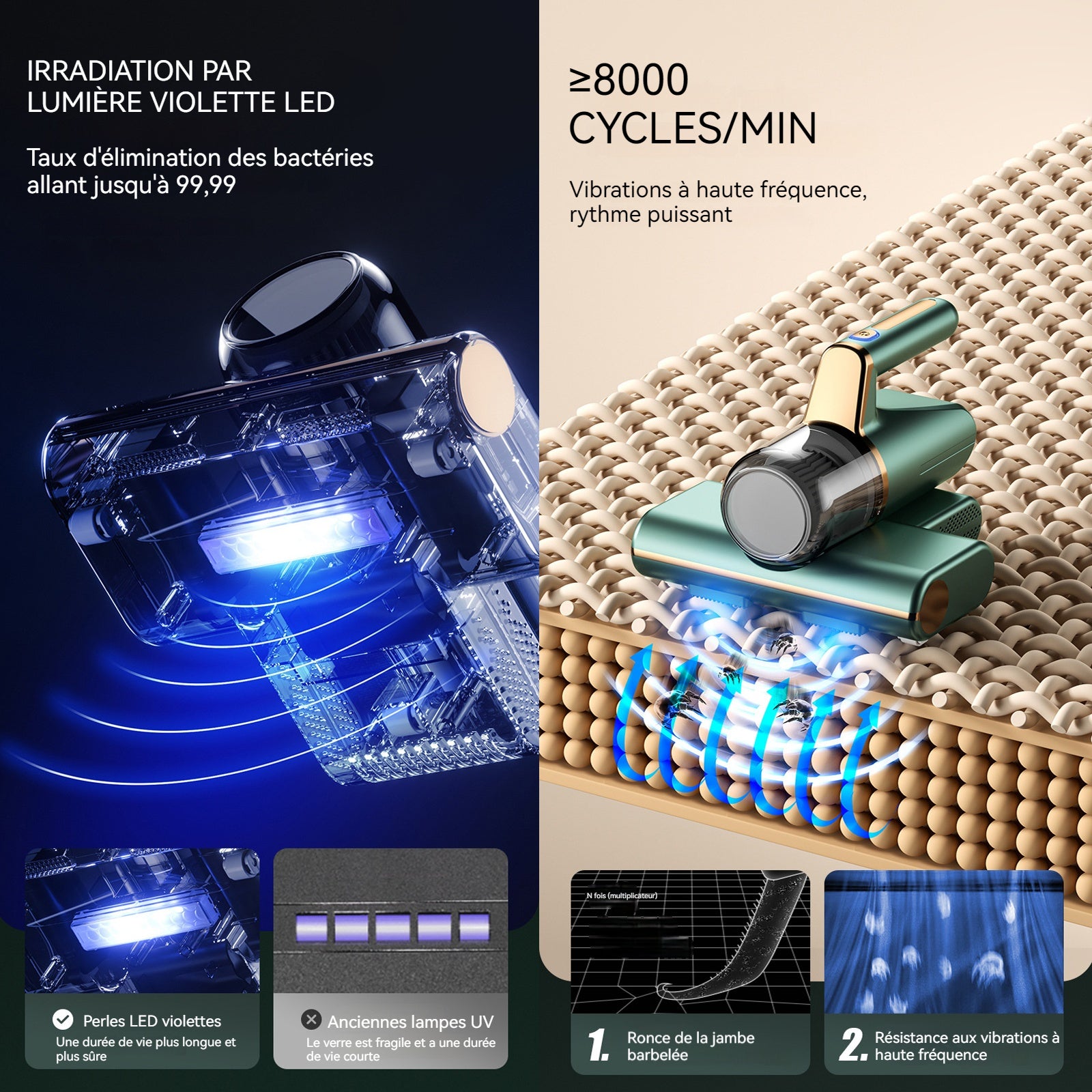 Aspirateur anti acariens 2 vitesses de réglage Forte puissance d'aspiration Durée de vie de la batterie longue durée Corps léger