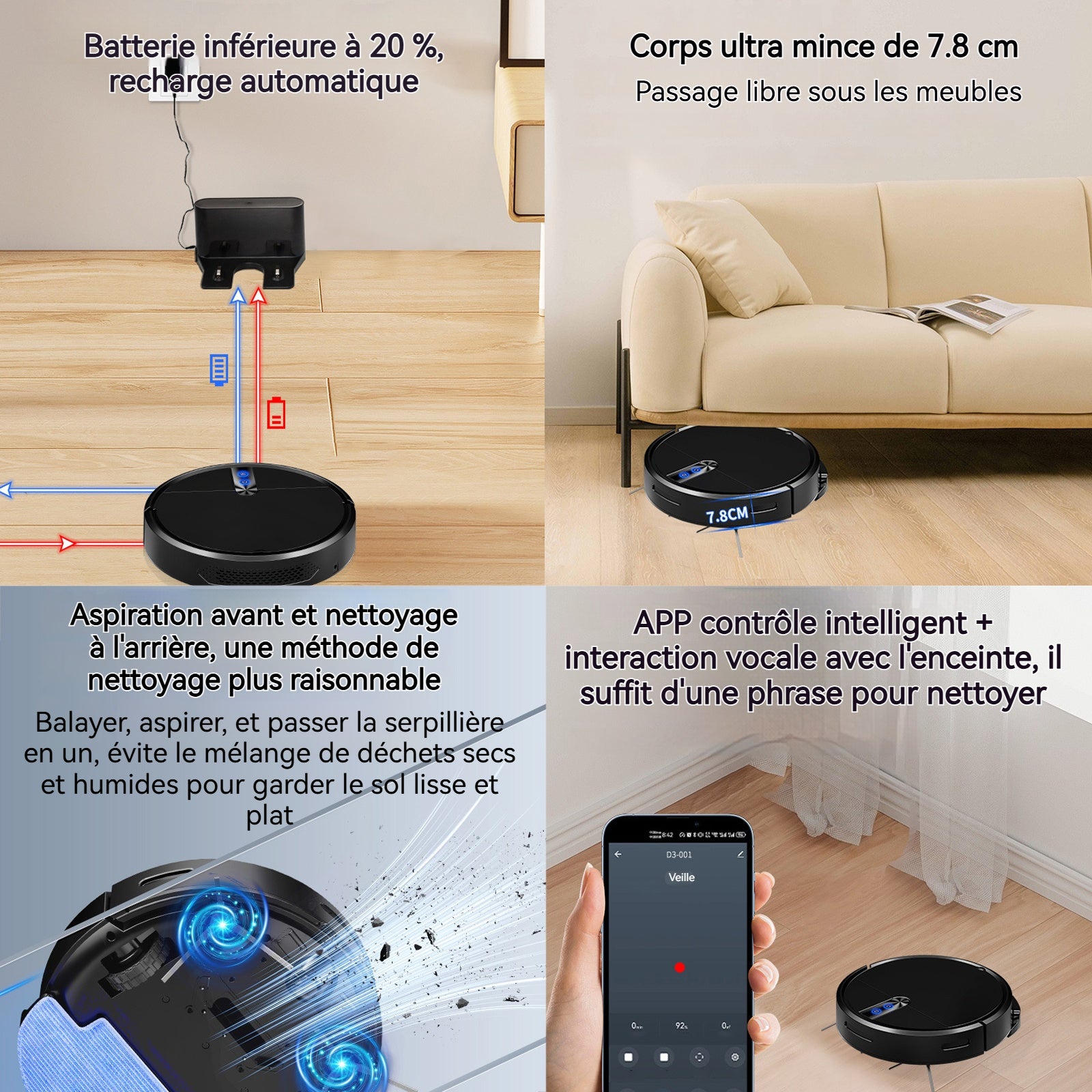 Aspirateur robot 32,5 cm 2 en 1 Contrôle par application Anti-collision intelligent Chargement automatique Robot balayeur multimode